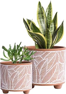 Set of 2 Planter Pots, 4.4 Inch & 6.4 Inch, Leave Pattern Ceramic Plants Pot with Drainage Hole, Terracotta/White