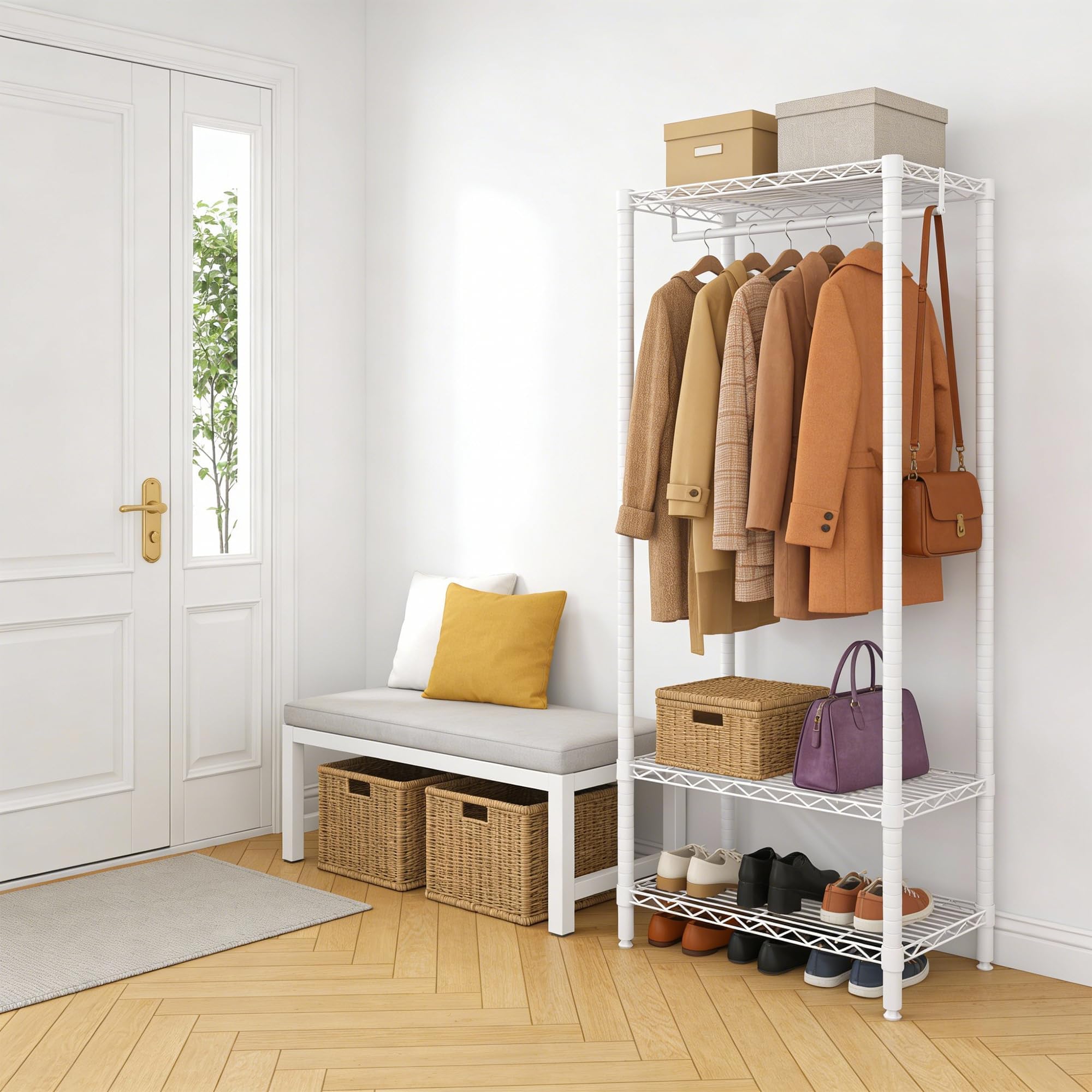 Perchero de Pie Mini Metálico, 3 Estantes y 1 Barra Colgadora, Blanco, 60x40x180 cm, Ahorro de Espacio para Dormitorio y Salón