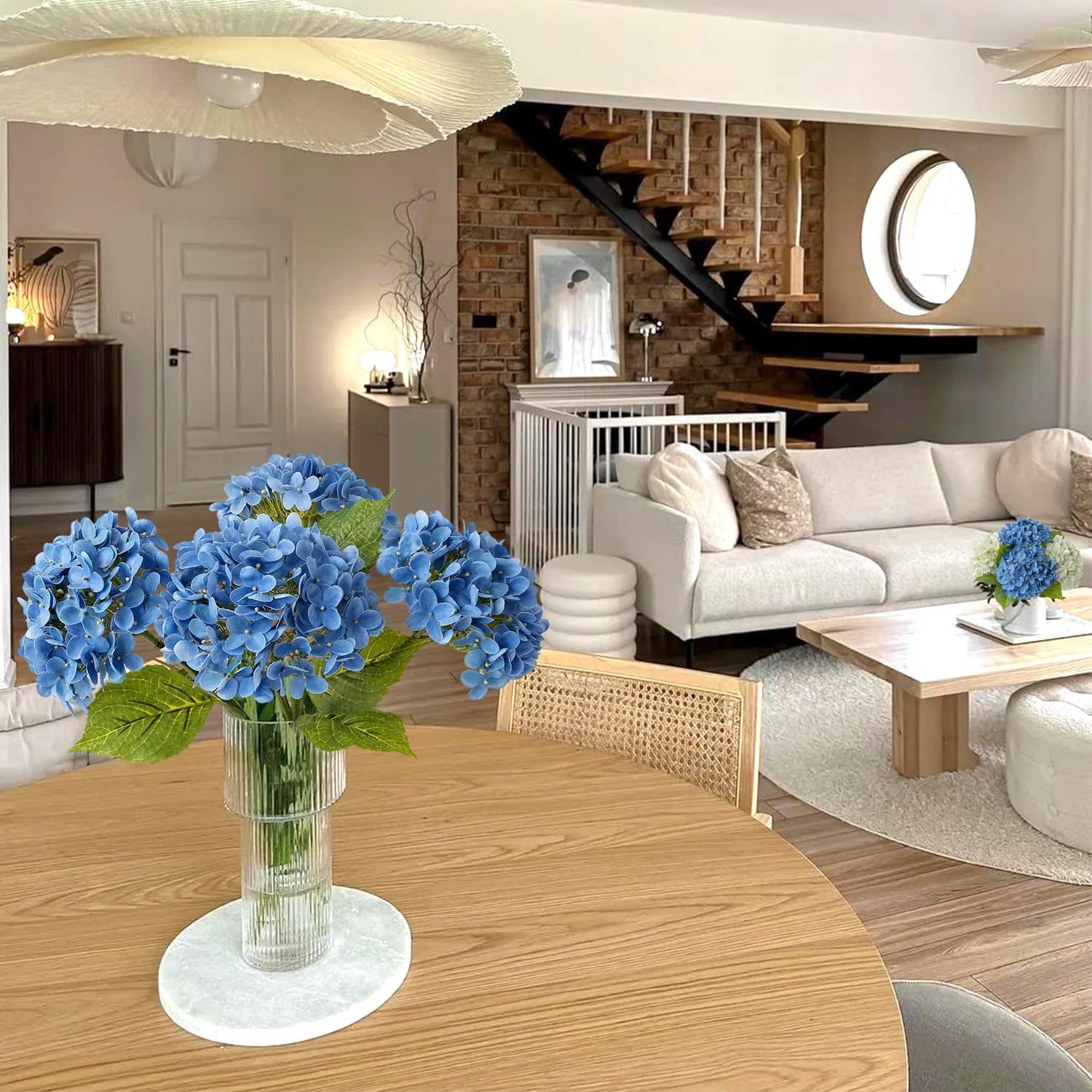 Savoy Blue Boho Artificial Hydrangeas Flowers, 4Pcs 20" Real Touch Lifelike Silk Artificial Hydrangeas, Full Fake Flowers for Bouquets Table Centerpieces Spring Wedding Indoor Home - Image 8