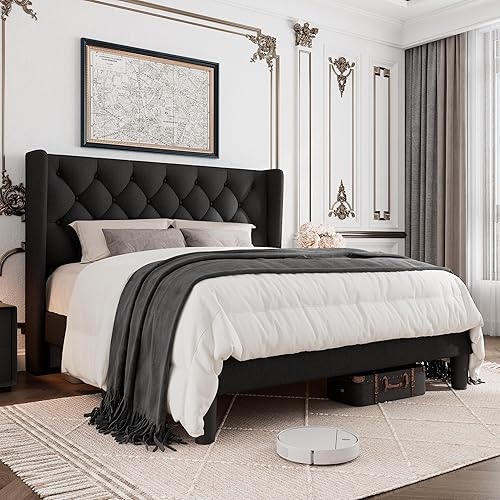 Miniatura 10 de Base de cama tamaño Queen con cabecera capitoné con botones, plataforma tapizada con almacenamiento debajo de la cama, soportes de listones de Gris