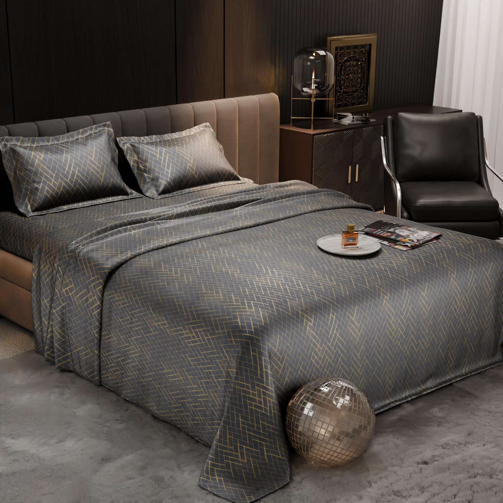 Stoa Paris 300TC UltraSatin Printed King Bedsheet with 2 Pillow Covers, Gentle on Skin & Hair, Wrinkle & Fade Resistant, Aesthetic Home Decor, Gift for Couple, Starlit Night – Grey (228cm x 274cm)