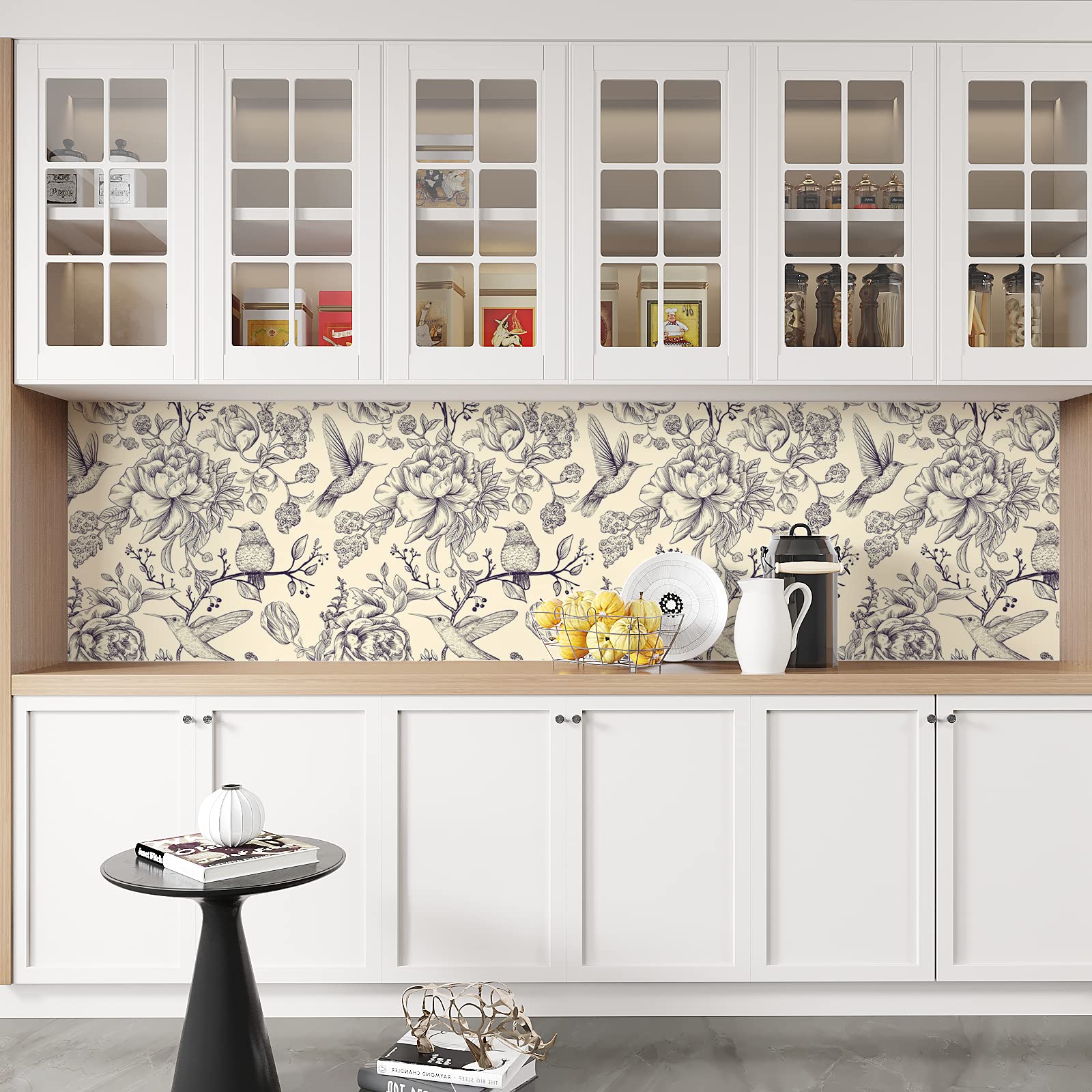VEELIKE Papel Pintado Flores y Pajaros 44.5cm×900cm Papel Autoadhesivo Pared Flores Beige Hoja Tropical Fotomurales Decorativos Pared Dormitorio Salon Papel de Pared Baño Papel Forrar Mueble Encimera