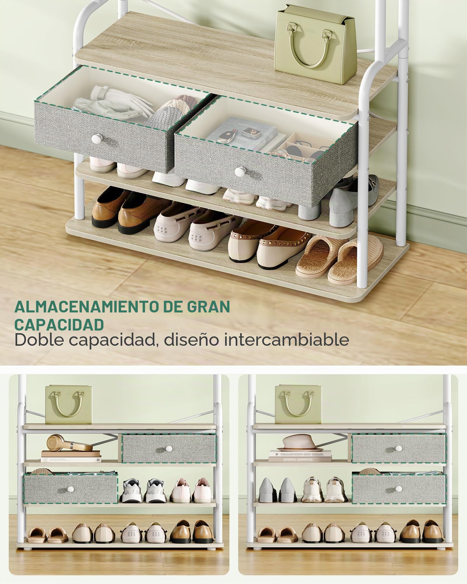 Hzuaneri Perchero con Zapatero, con 2 Cajones 9 Ganchos, Roble y Blanco | para Recibidor, Salón y Dormitorio, 32 x 80 x 180 cm, HT20116W