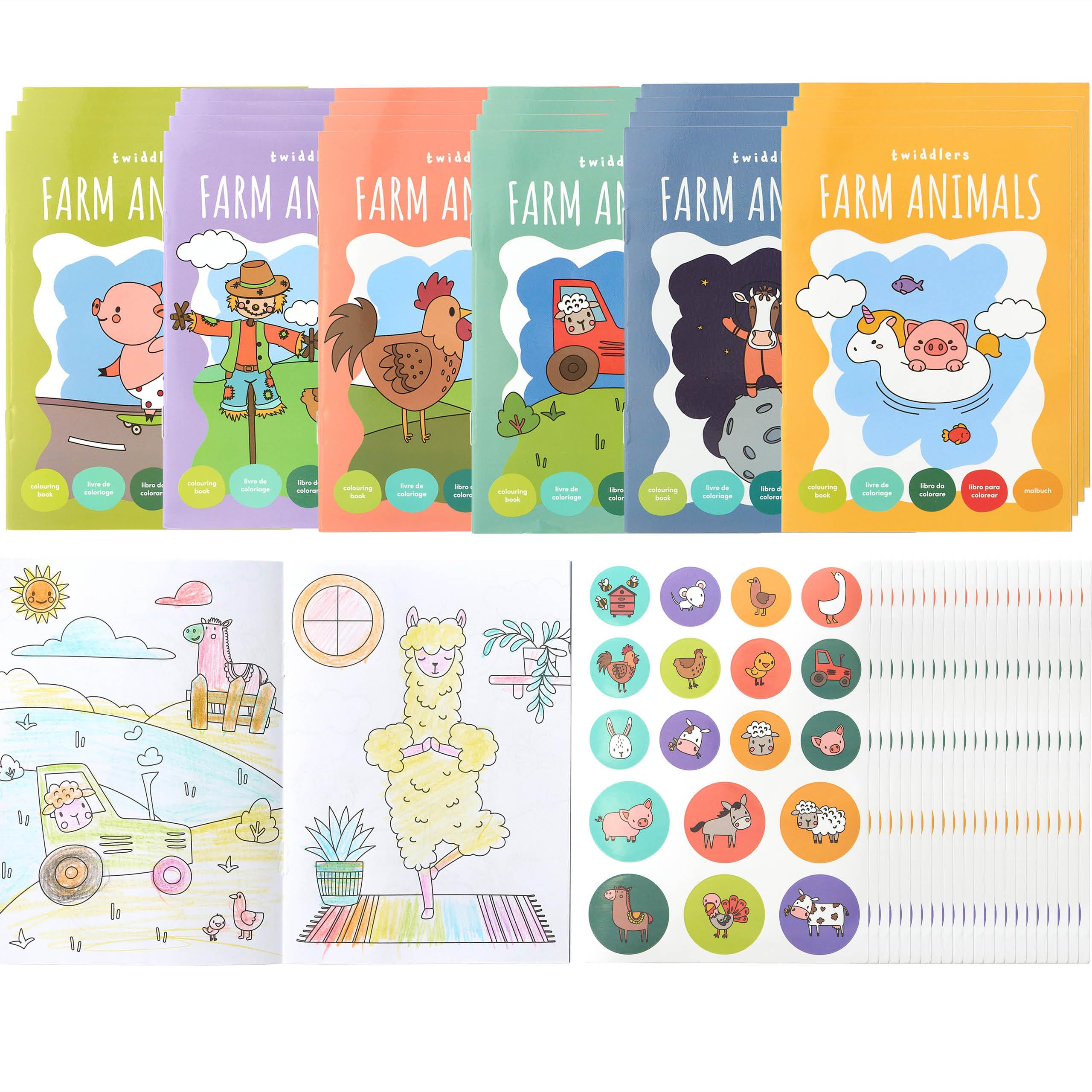 THE TWIDDLERS 24 Mini Libri da Colorare per Borse da Festa, con Adesivi - Tema Animali della Fattoria, Mini Libri A6 per Bambini, Età 4-8 Anni, Piccoli Libri da Colorare per Riempire le Borse da Festa