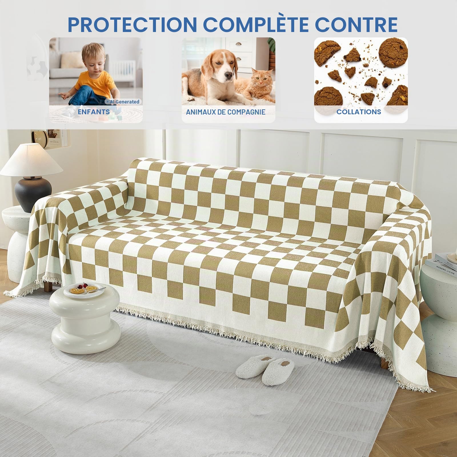 Ystyle Couvre Canapé, 180x340 CM, Jeté De Canapé Grande Taille, Kaki