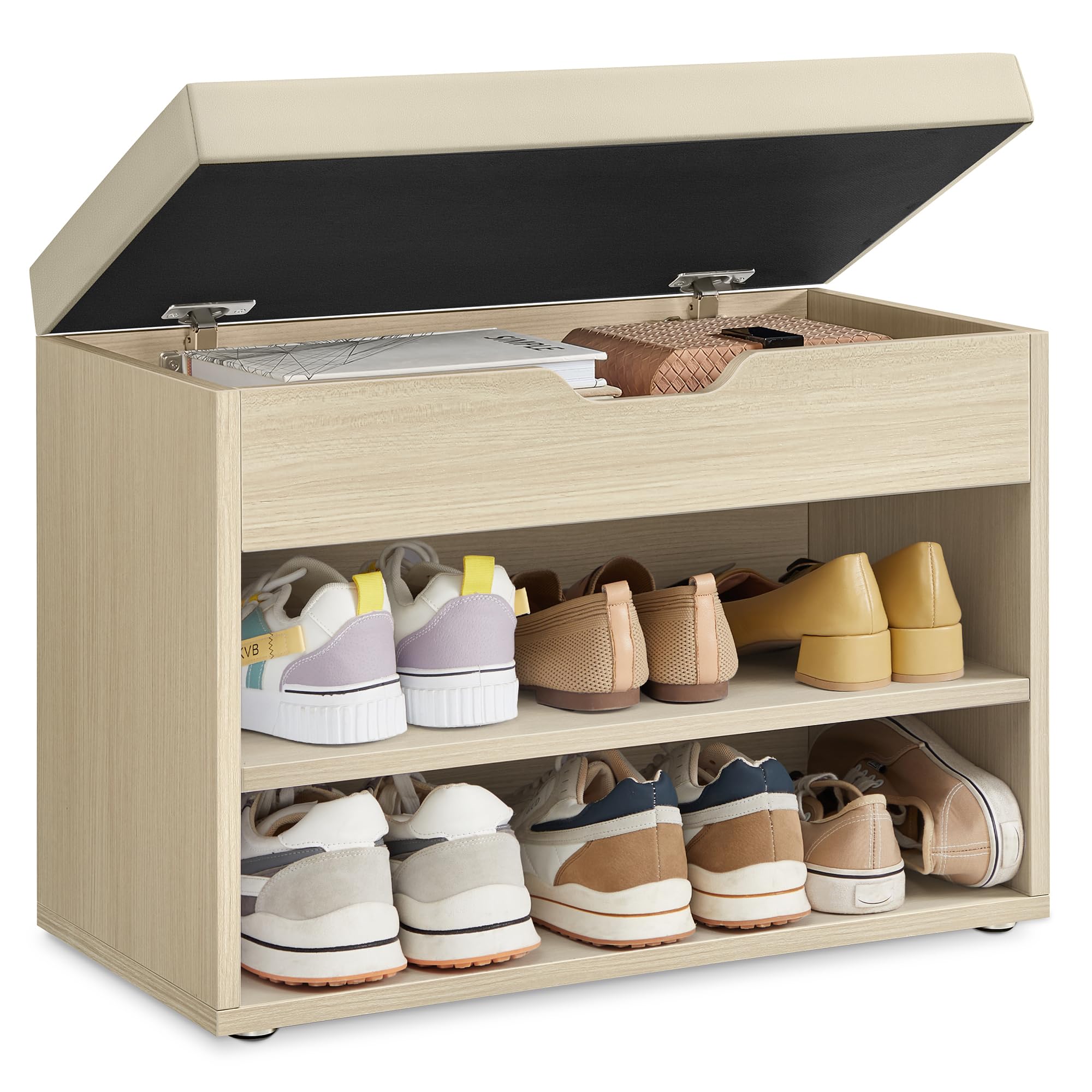 VASAGLE Banco Zapatero, Mueble Zapatero con Asiento Tapizado, Banco Recibidor con 3 Compartimentos y Asiento Acolchado, 30 x 60 x 44 cm, para Entrada Dormitorio Sala de Estar, Beige Natural LHS020K01