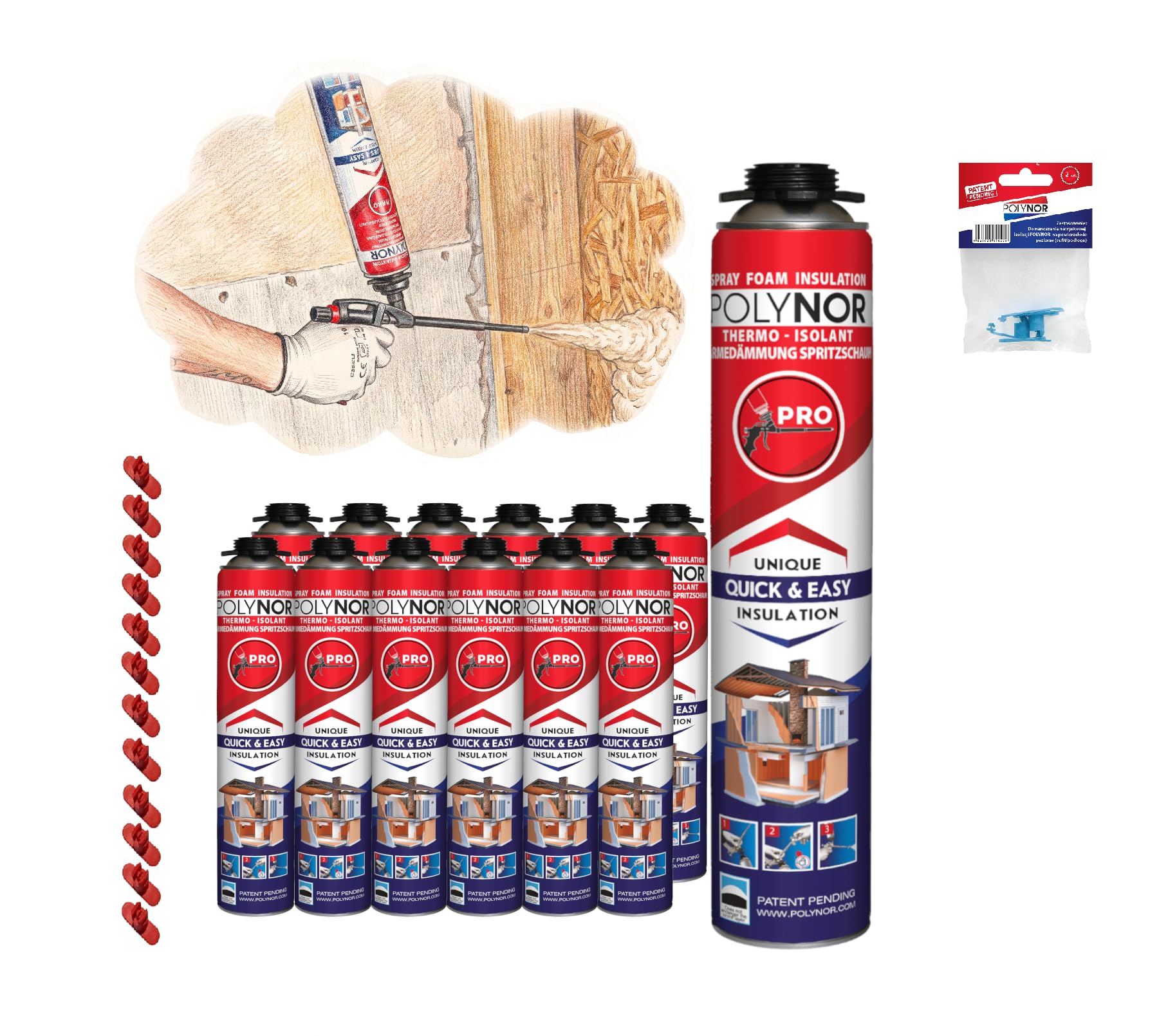 POLYNOR Isolation thermique PUR en bombe PRO - Kit avec buses - Buses angulaires - 12 mousses - Isolation thermique par pulvérisation - Isolation des murs, toits, plafonds, tuyaux - Aérosol 750 ml