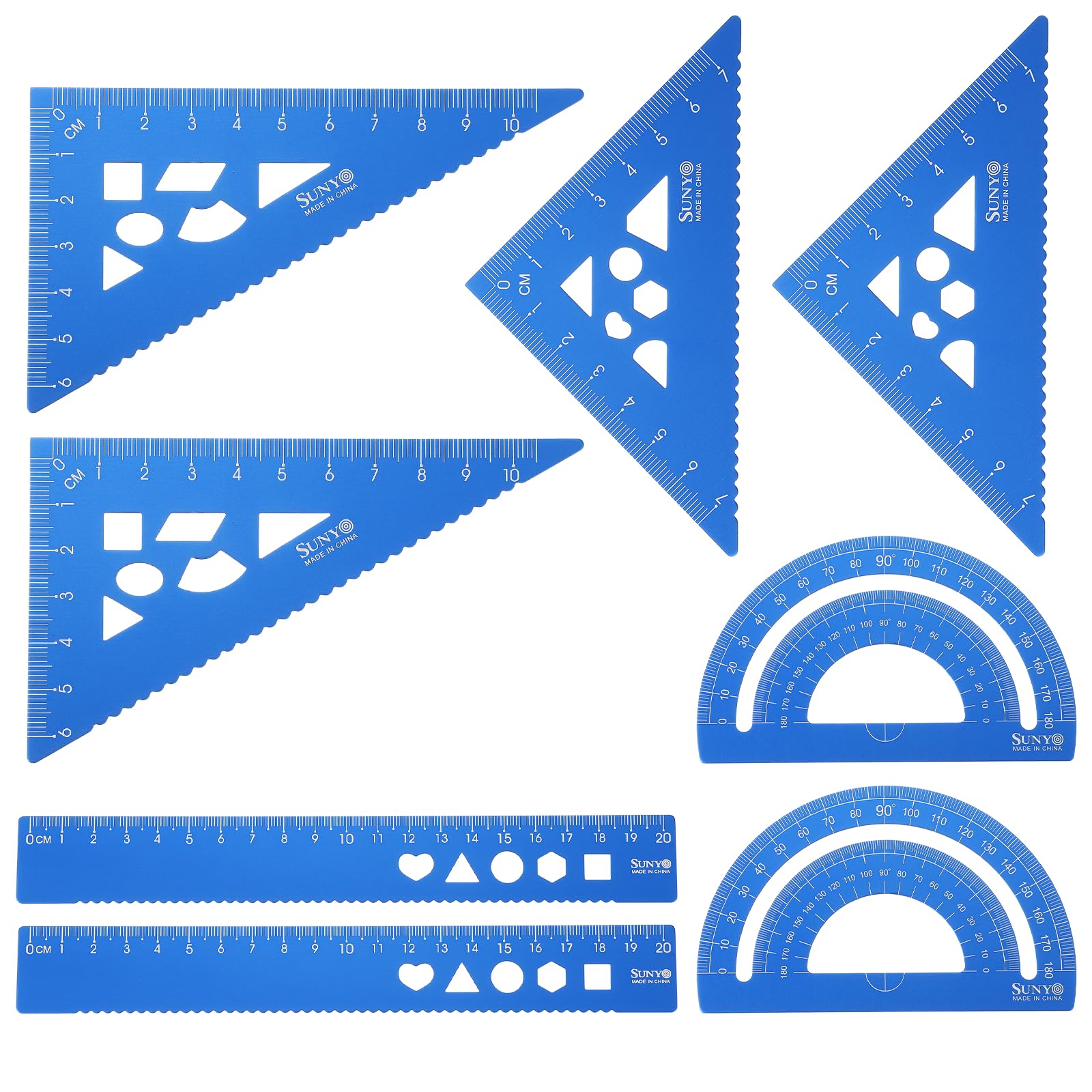 sourcing map 8pcs Triangular Ruler Set 20cm Aluminum Alloy Straight Geometric Protractor Triangle Engineering Scale Drafting Ruler Kit Measuring Drawing Tool for Classroom Office Home, Blue