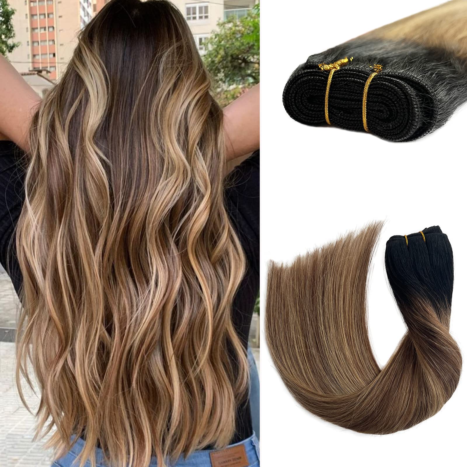 Sew in Human Hair Weft Bundles Brazilian Remy Hair Extensions 24inch 120g Omber Black to Chestnut Brown with Strawberry Blonde Balayage Highlight Brazilian Virgin Human Hair Weft Sew in Hair Bundles