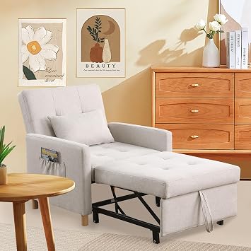 Convertible Sleeper Sofa Chair Bed,3-in-1 Sleeper Chair Bed with Pillow,Pull Out Single Armchair Sofa Bed with Adjustable Backrest, Multi-Functiona Lounge Chair for Living Room Beige