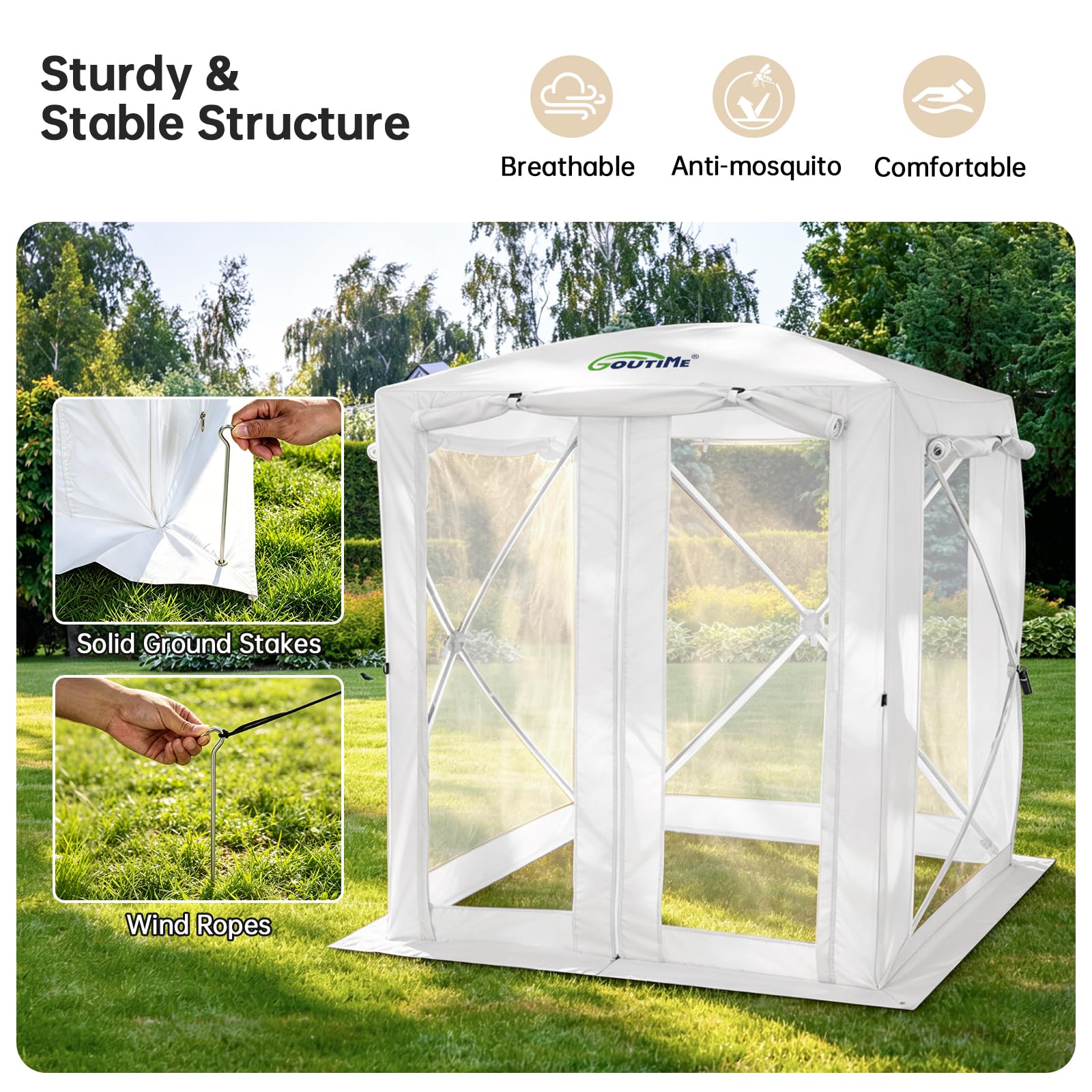 Goutime Tonnelle Pliante 150x150x190 cm, Protection 2-en-1 Contre Insectes | Imperméable avec protection solaire, tente de jardin pour camping et terrasse extérieure (Blanc)