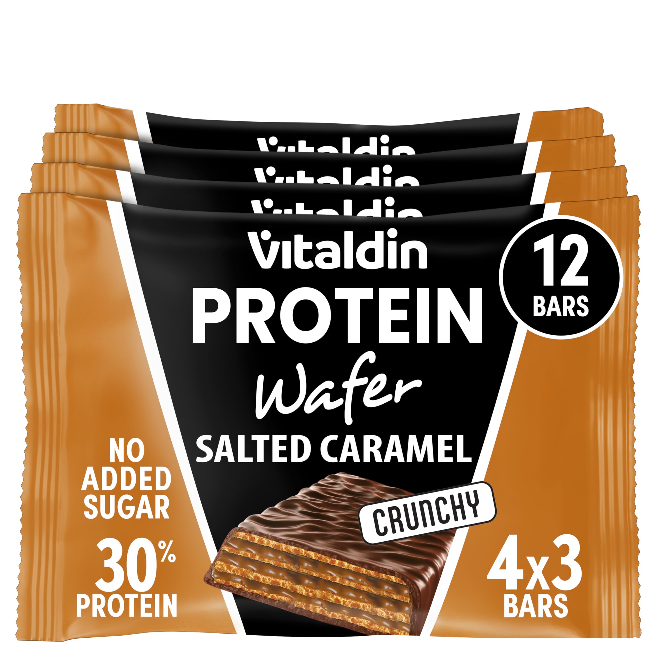 VITALDIN Protein Wafer 30% Caramelo salado| Alto Contenido en Proteína sin Azúcares Añadidos| Colágeno Hidrolizado| Contenido Reducido de Carbohidratos|Barritas Proteicas barquillo con oblea Saludable