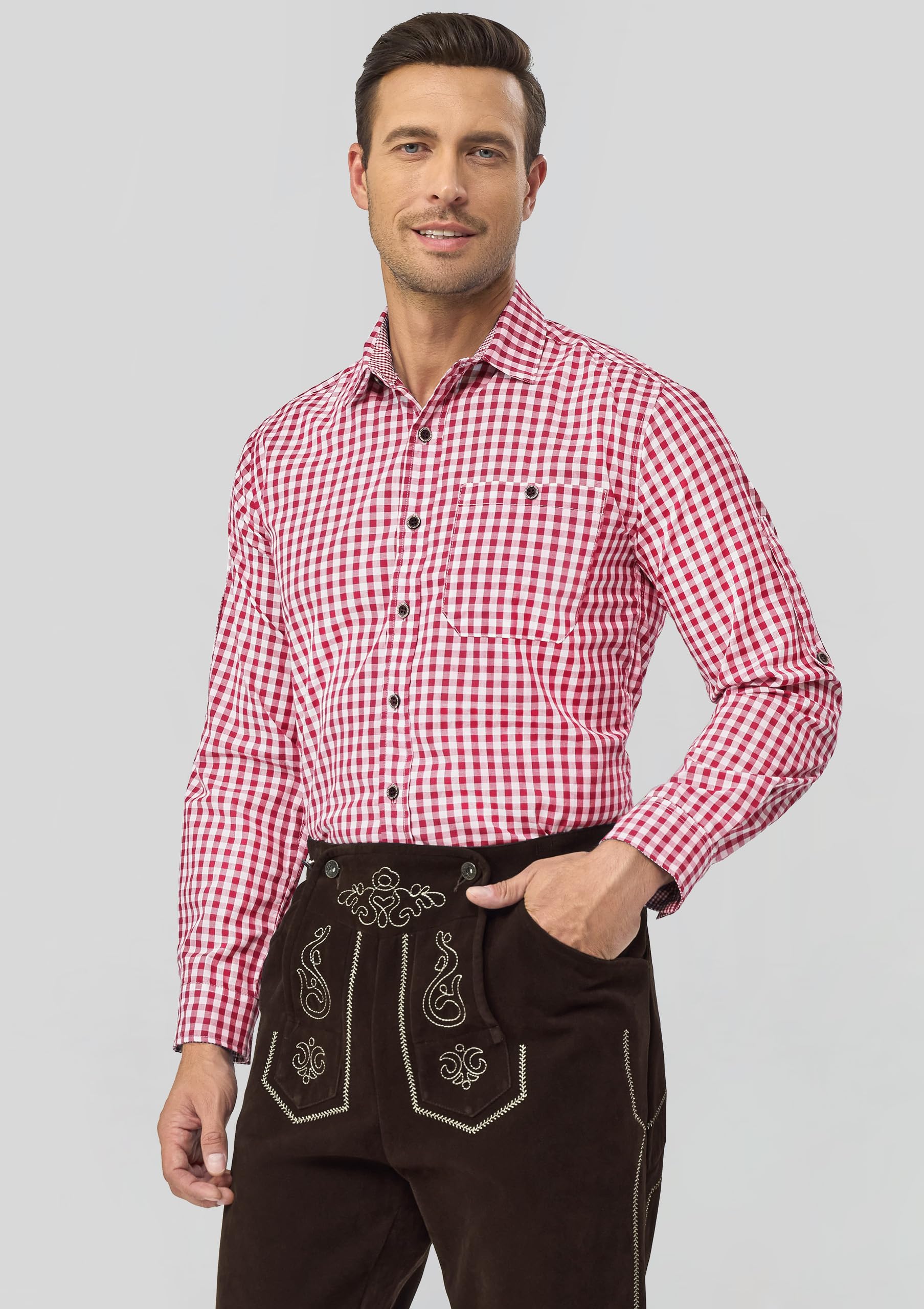 AMZHOTER Camicia da Uomo per Oktoberfest Camicia a Quadri Maniche Lunghe per Costume Tradizionale Maniche Corte in Cotone Blu Rosso Verde