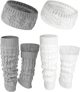 Chuarry 4 Pack Winter Fleece Lined Leg Warmers for Women with Headband | Grey and Black Cozy Fleece Leg Winter Warmers, Twisted Headband, Chunky Slouchy Design, Skating and Everyday Wear