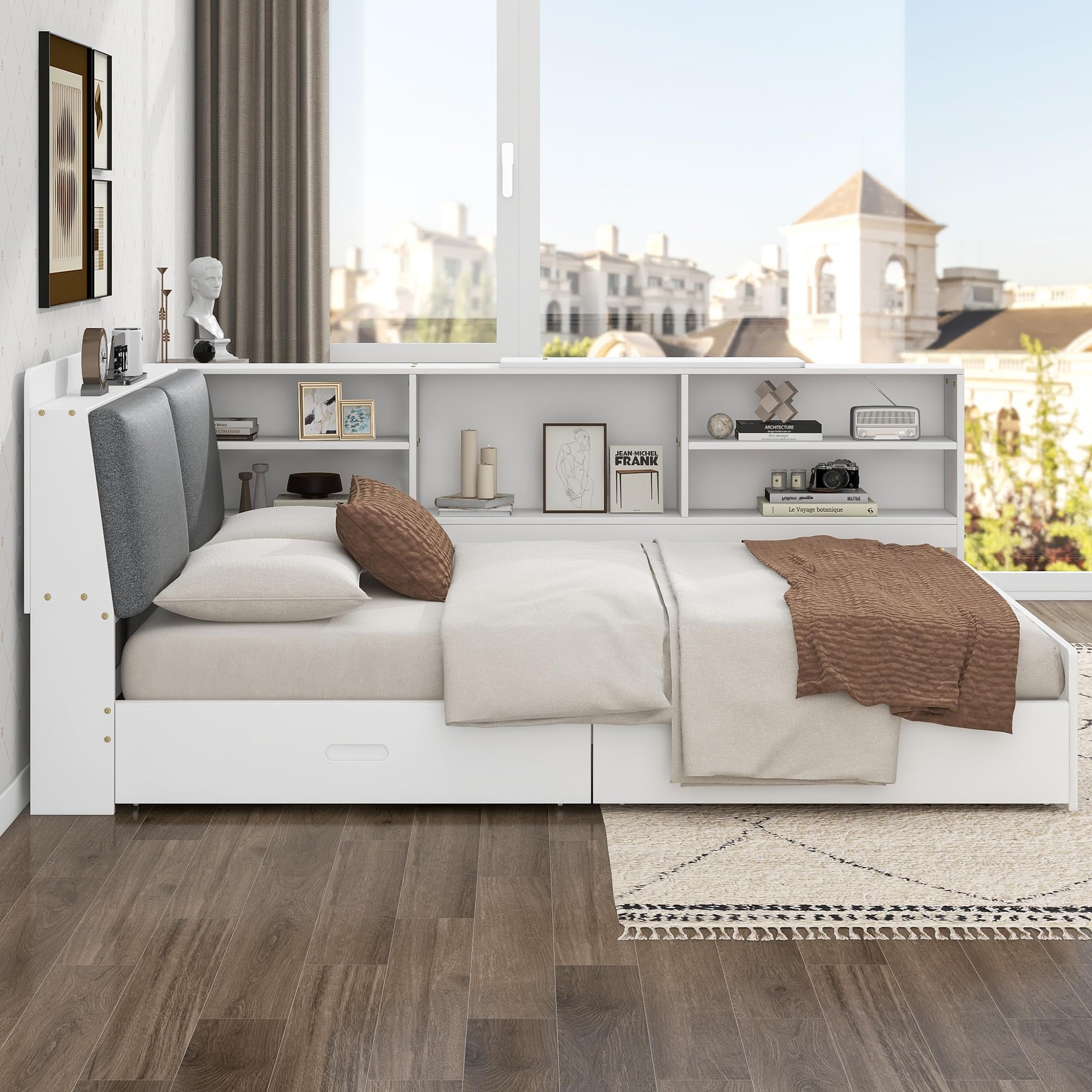 Harper & Bright Designs Full Size Daybed with 2 Storage Drawers and Bookcase,Wood L Shaped Full Platform Bed Frame with Shelves, Full Sofa Bed Frame with Slats Support, No Box Spring Needed, White