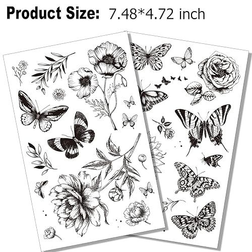 Miniatura 7 de Tazimi 6 hojas de tatuajes temporales de mariposa de flores negras para mujeres y niñas, de larga duración, realistas, impermeables, tatuajes falsos