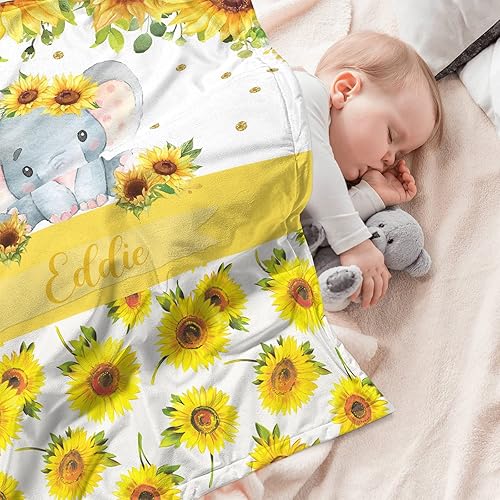 Miniatura 3 de Juego de cama personalizado para bebé, edredón de cuna con nombre personalizado, ropa de cama de bebé de elefante de girasol, juego de 2 piezas con