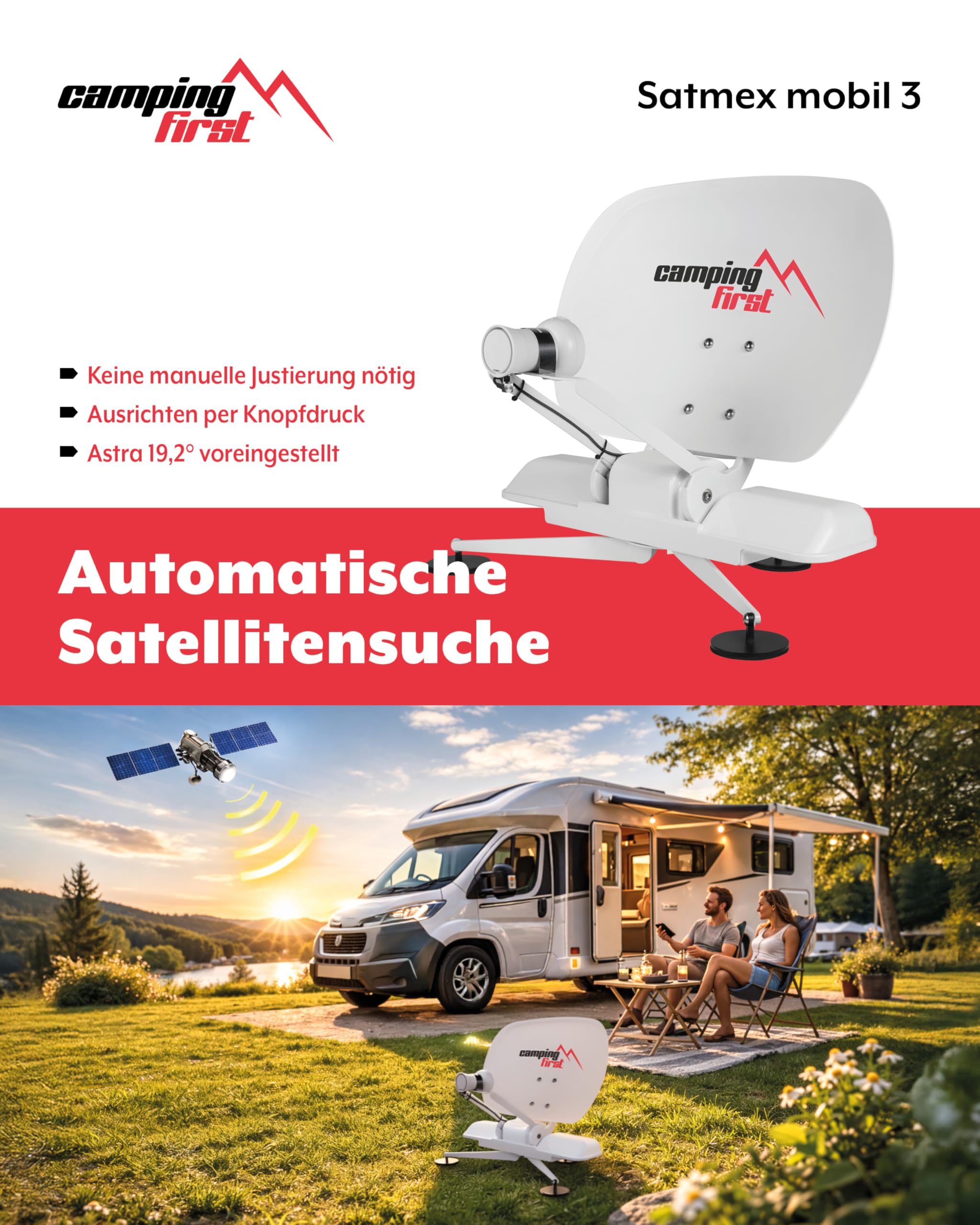 Satmex mobil 3 – Vollautomatische Sat-Antenne – Weiß | Selbstständige Ausrichtung auf Astra 19,2° Ost, keine separate Stromversorgung nötig