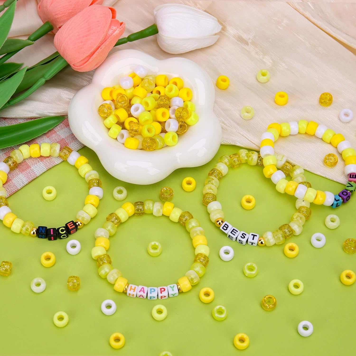 1000PCs 6x9mm Pony Beads Bulk, Assorted Yellow Colors Plastic Kandi Craft Beads for Jewelry Making Friendship Bracelets Hair Braiding Keychains Scoubidou Loom Bands DIY Crafts