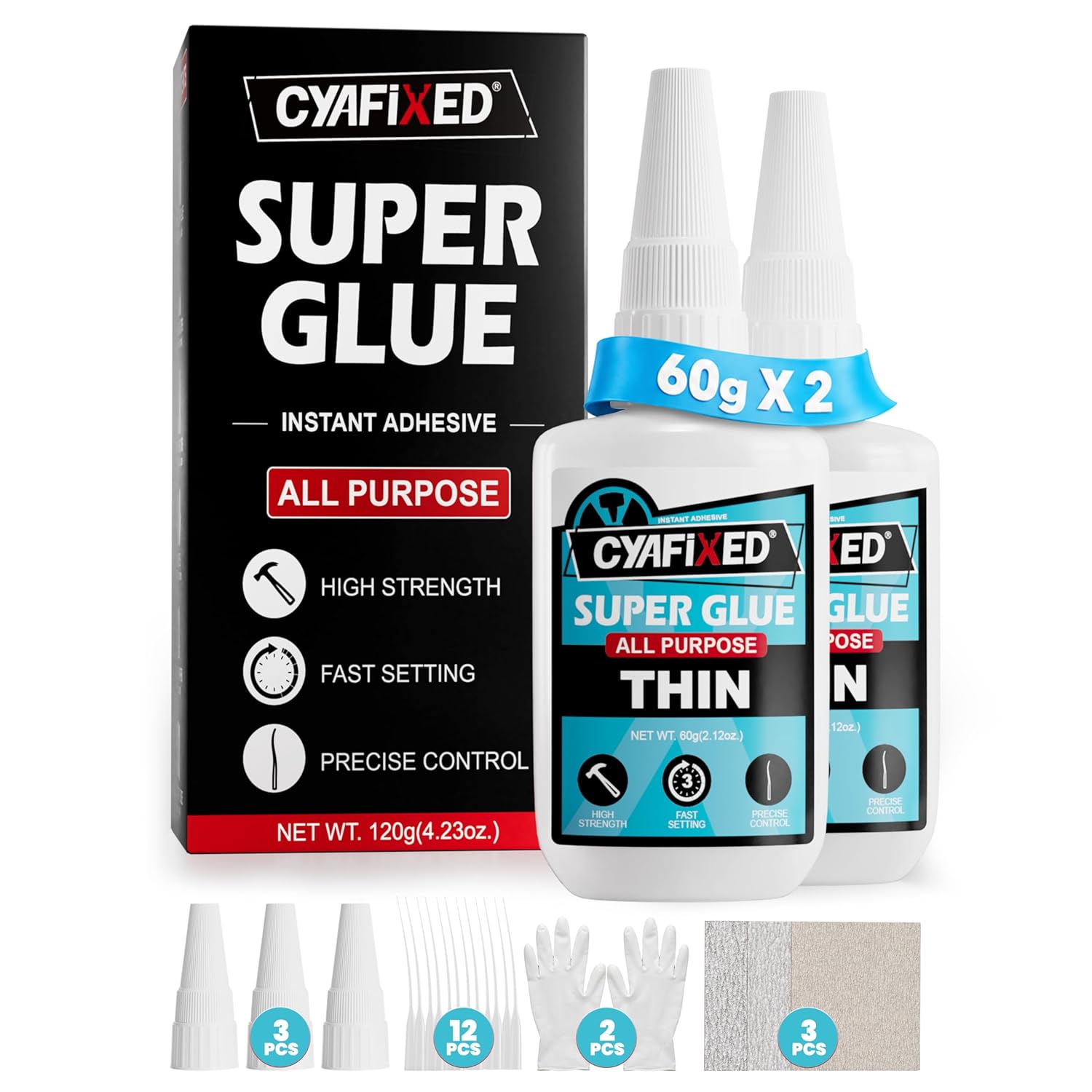 Super Fast Thin Glue 120 Gram, All Purpose Clear Liquid CA Glue Repair Wood Ceramic Glass Plastic, Heavy Duty Cyanoacrylate Adhesive for 3D Print PLA Shoe Metal, Strong Bond and Instant Superglue