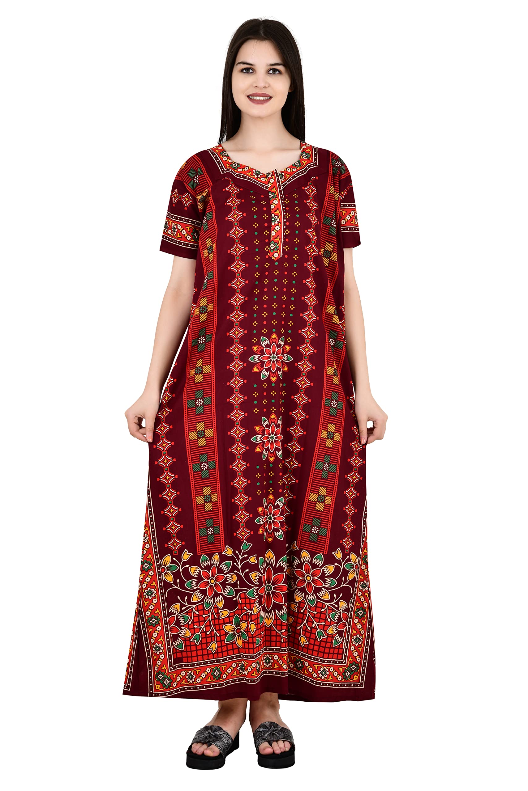 Monal Printed Jaipuri Cotton Maxi Nightdress Nightgown for Women Size Up to 42 Inch