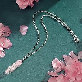 VIBILIA Healing Crystal Necklace Tree of Life Wire Wrapped Natural Rose Quartz Stone Point Pendant Necklace Hexagonal Reiki Spiritual Quartz Gemstone Jewelry for Women Men - Silver