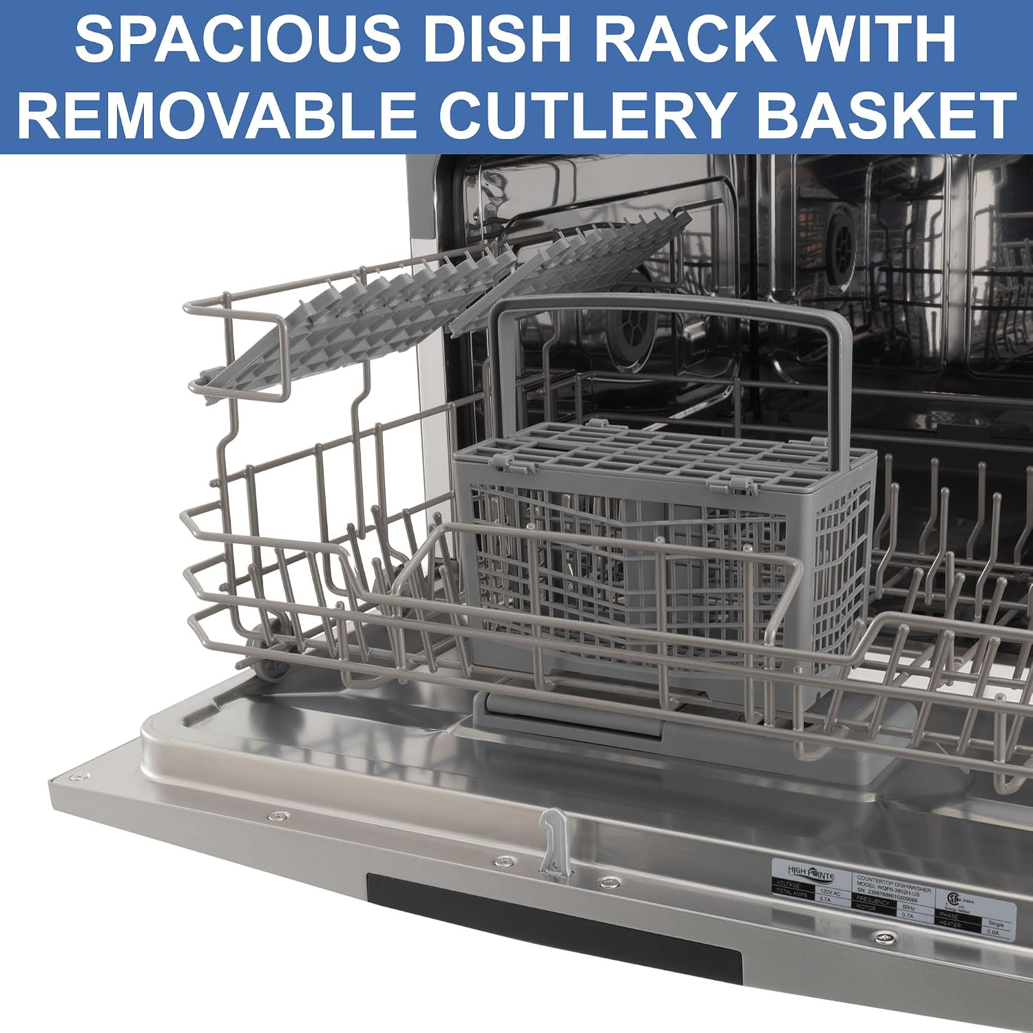 Interior of RecPro RV Countertop Dishwasher with dish rack and cutlery basket