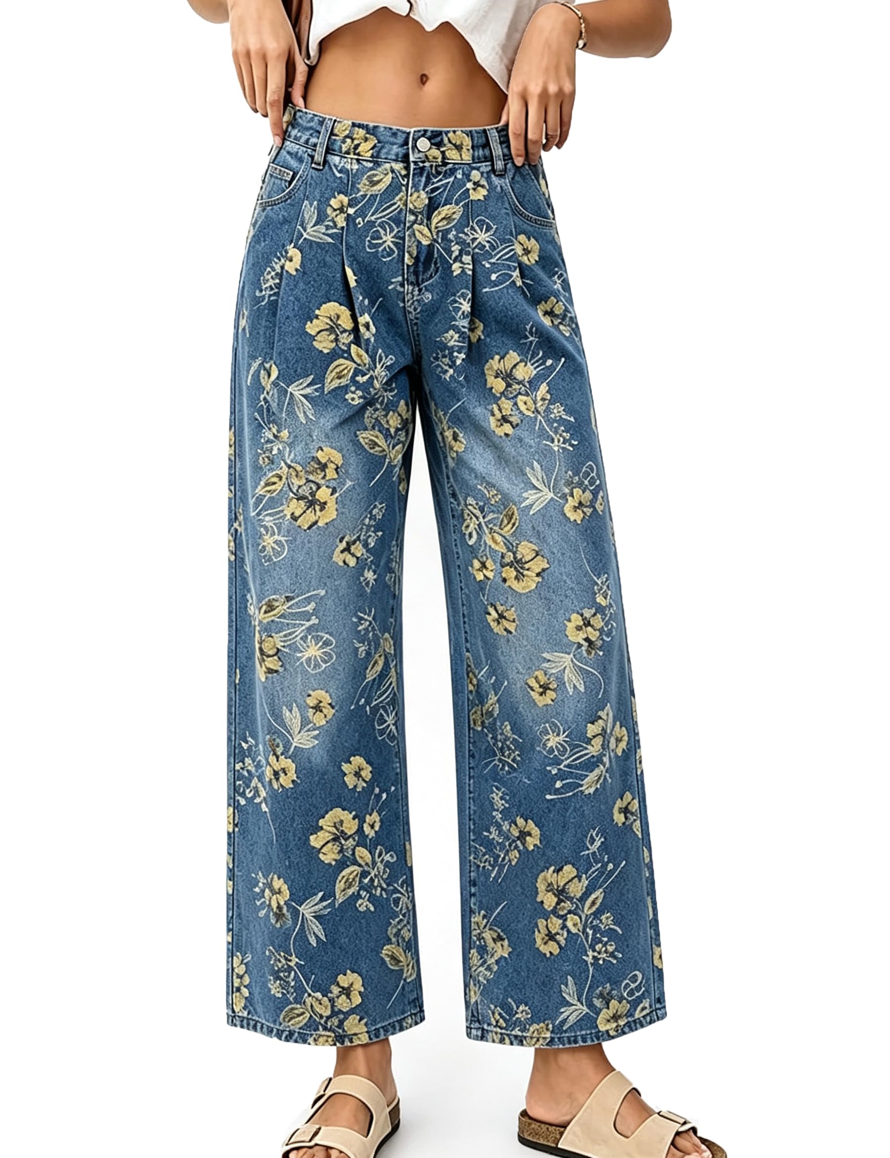 DAOAO Pull On Floral Jeans for Women Vintage Print Elastic Waist Wide Leg Pants Casual