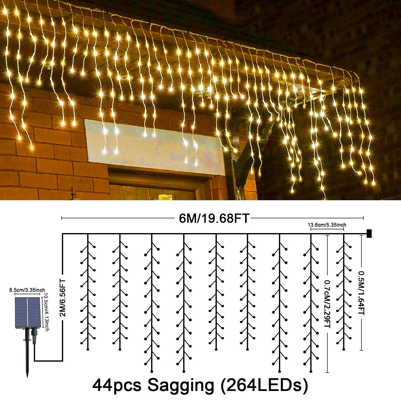 JIMACRO Luci Decorative da Esterno Solari, 6M 264 LED Stringa Luci Esterno, 44Pcs 0.7M+0.5M Luci Natale Esterno Cascata, Impermeabile Decorative Lucine, 8 Modalità Tenda Luminosa Estern Solare