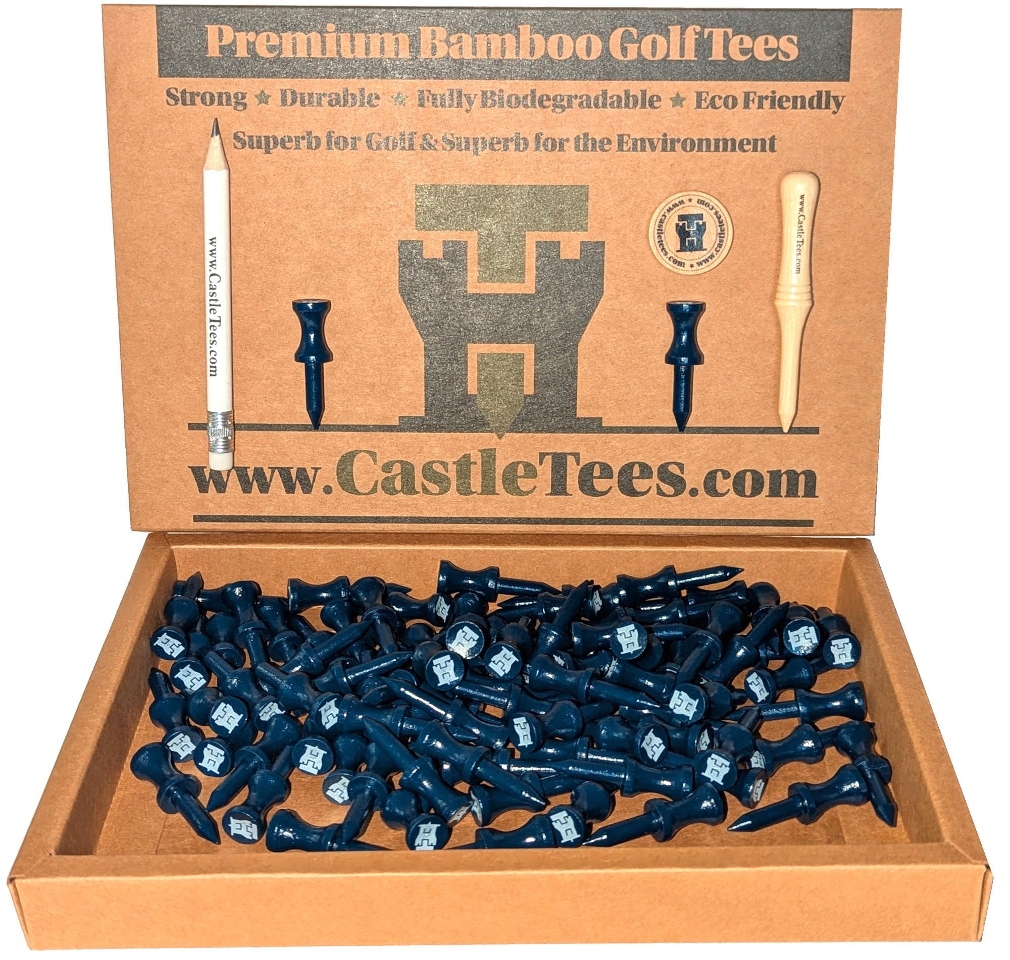 Castle Tees Official Mixed Set – 45 Tees Mixed Sizes/Colours Premium Bamboo Golf Tees in a Zip Tee Bag, Free Pitch Repair Tool, Ball Marker & Pencil. Super Strong Tees A Great Golf Gift — image 1