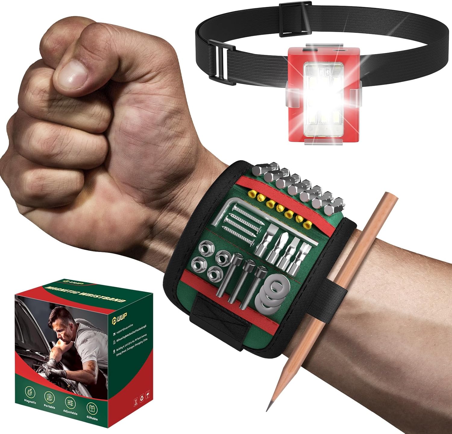 Magnetic Wristband with LED Light, Magnet Tool Belt Wrist Band for Screws and Nails, Adjustable Wrist Tool Holder, Valentines Day Gifts for Men, Him, Boyfriend, Dad, Mechanic, Woodworker, Handyman