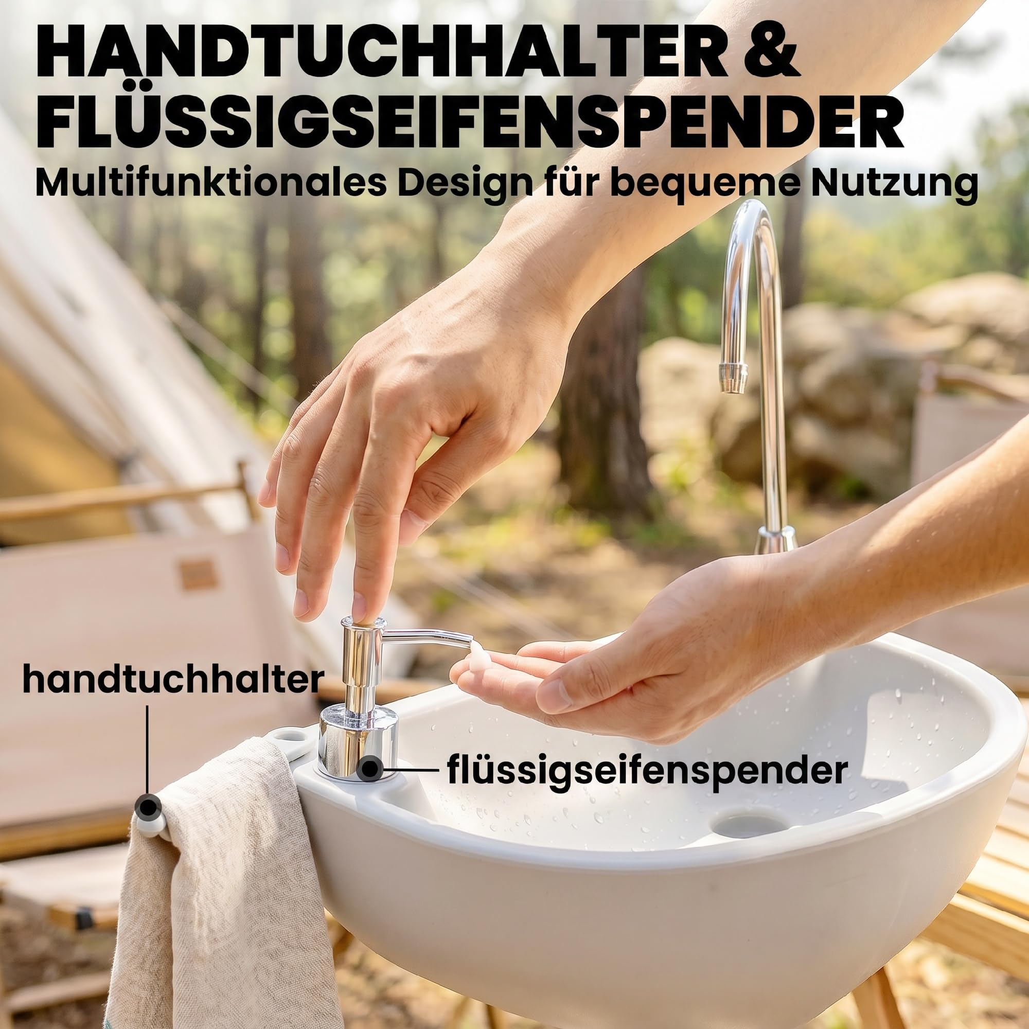 Outsunny Camping Waschbecken inklusive 17L Wassertank für Outdoor Grau | Fußpumpe, Handtuchhalter, Wasserspender, Spülbecken, Mobile Waschstation, Garten, Reisen