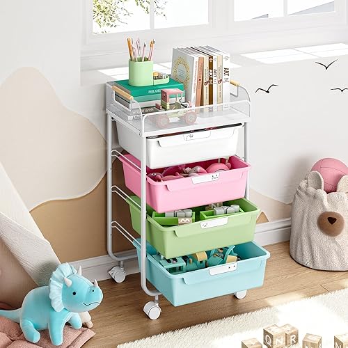 Miniatura 7 de Carrito rodante con 4 cajones, carrito utilitario rodante de 4 niveles, carrito de almacenamiento rodante con parte superior de malla, carrito de