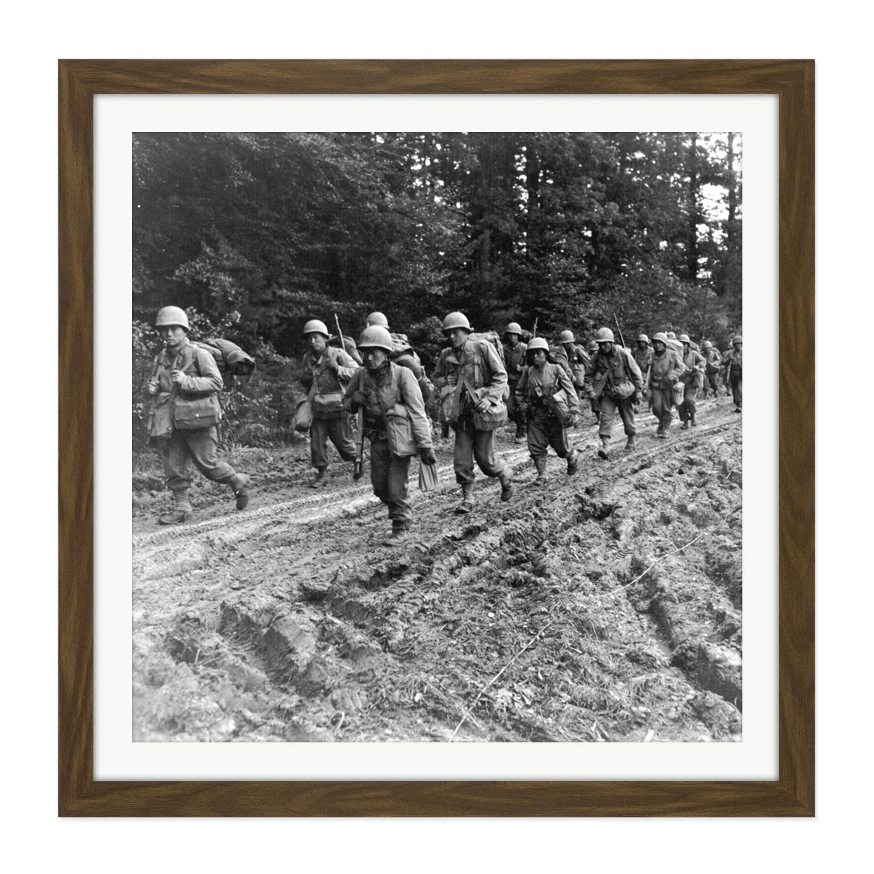War WWII USA Japanese-American Regiment 1944 Photo Square Wooden Framed Wall Art Print Picture 16X16 Inch