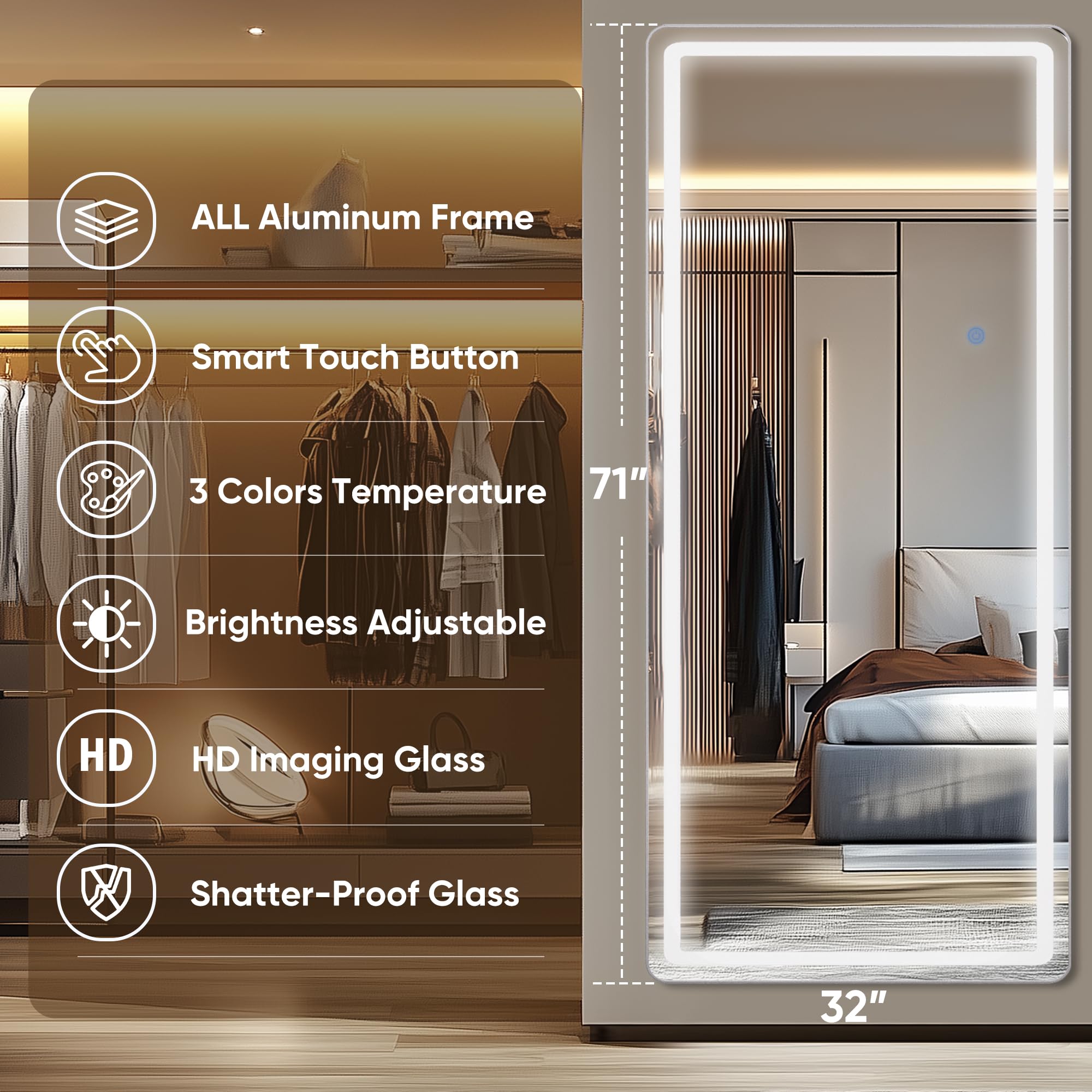 Antok LED Full Length Mirror with Light, 71"x28" Lighted Full Body Mirror with Stand, Dimmable & 3 Color Lighting Standing/Leaning/Wall Mounted Vanity Mirror for Bedroom Cloakroom Livingroom(Rect): 71"L x 32"W Rect Style White