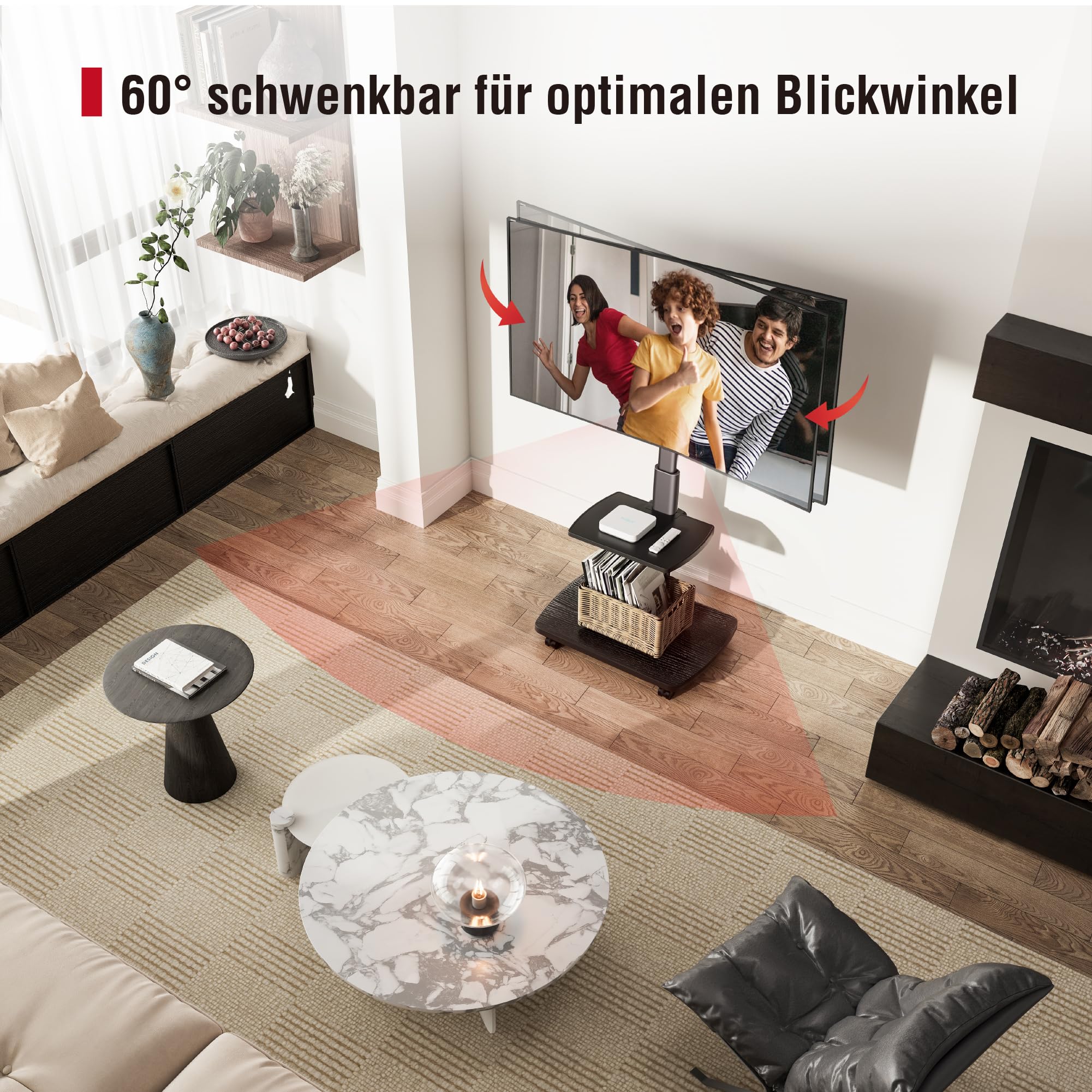 AOKCOS TV Ständer Rollbar mit Holzablage Regal, Fernsehständer auf Rollen für 32-65 Zoll, bis 40 kg, VESA 400x400mm (Schwarz)