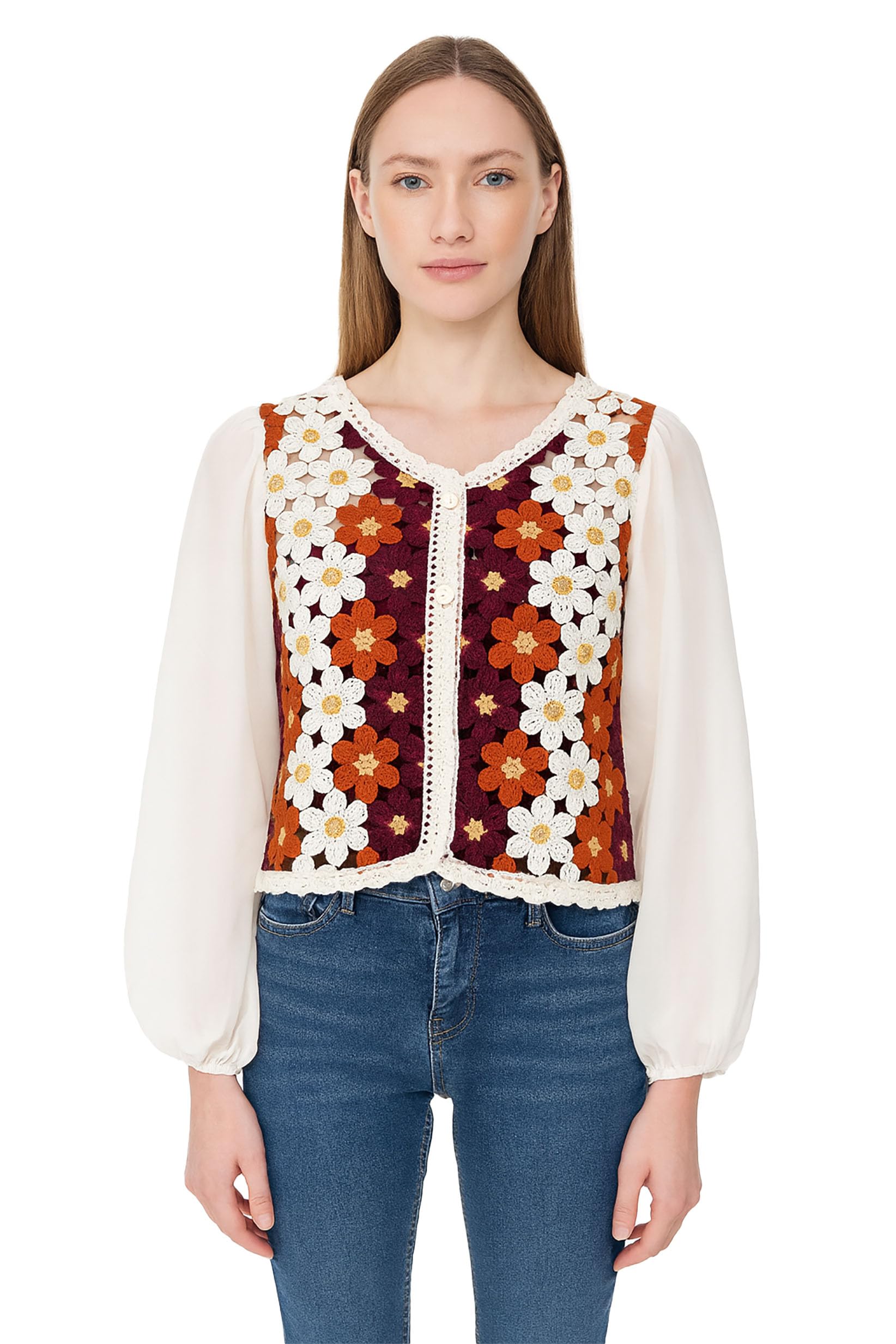 icw Women's Boho Crochet Floral Sheer Sleeve Blouse Hollow Out Puff Sleeve Botton-up Crop Top Shirt DN668-picture-22