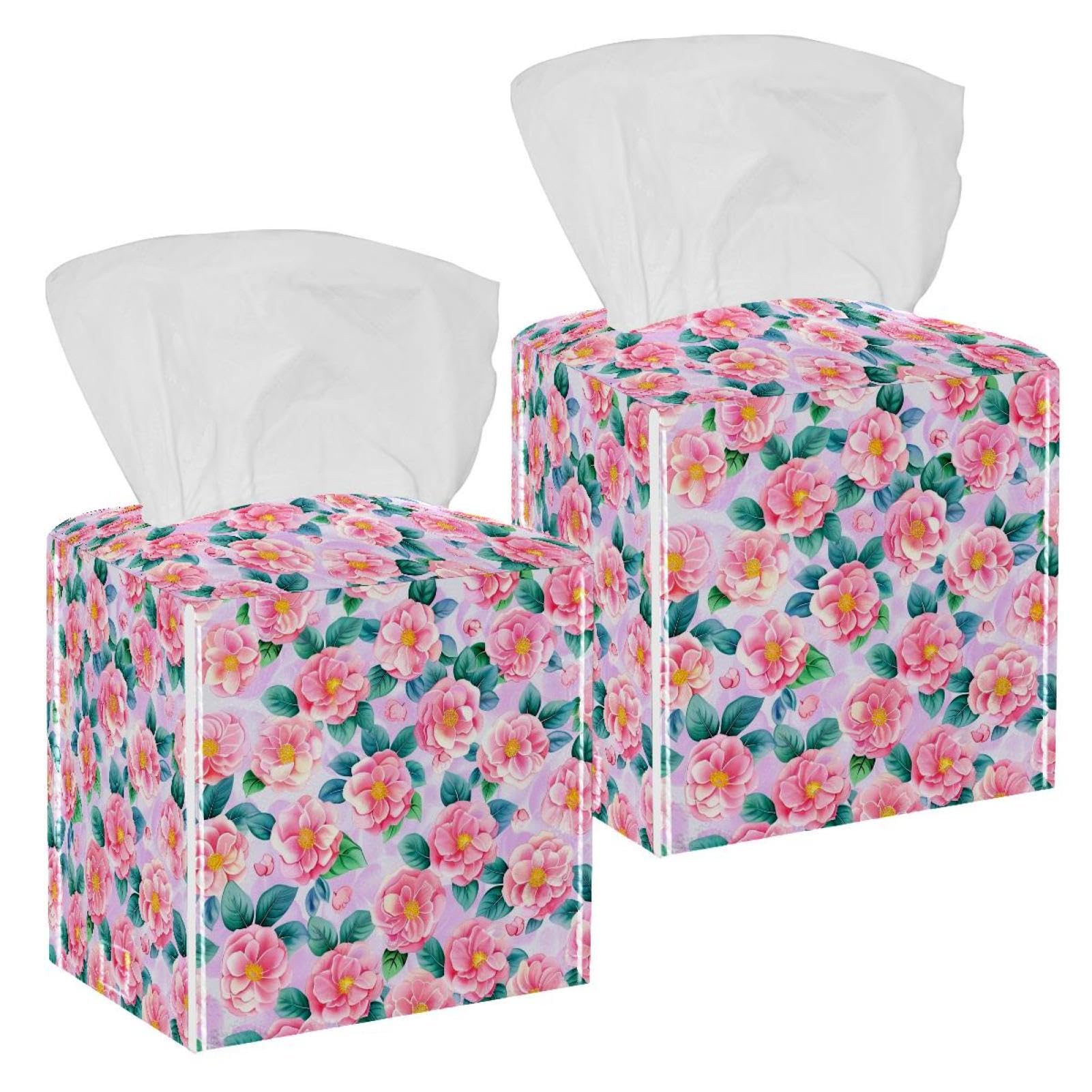 Camellia Pink Tissue Box Cover, 2 Pack PU Leather Square Facial Tissue Dispenser Box holder for Home Office Car