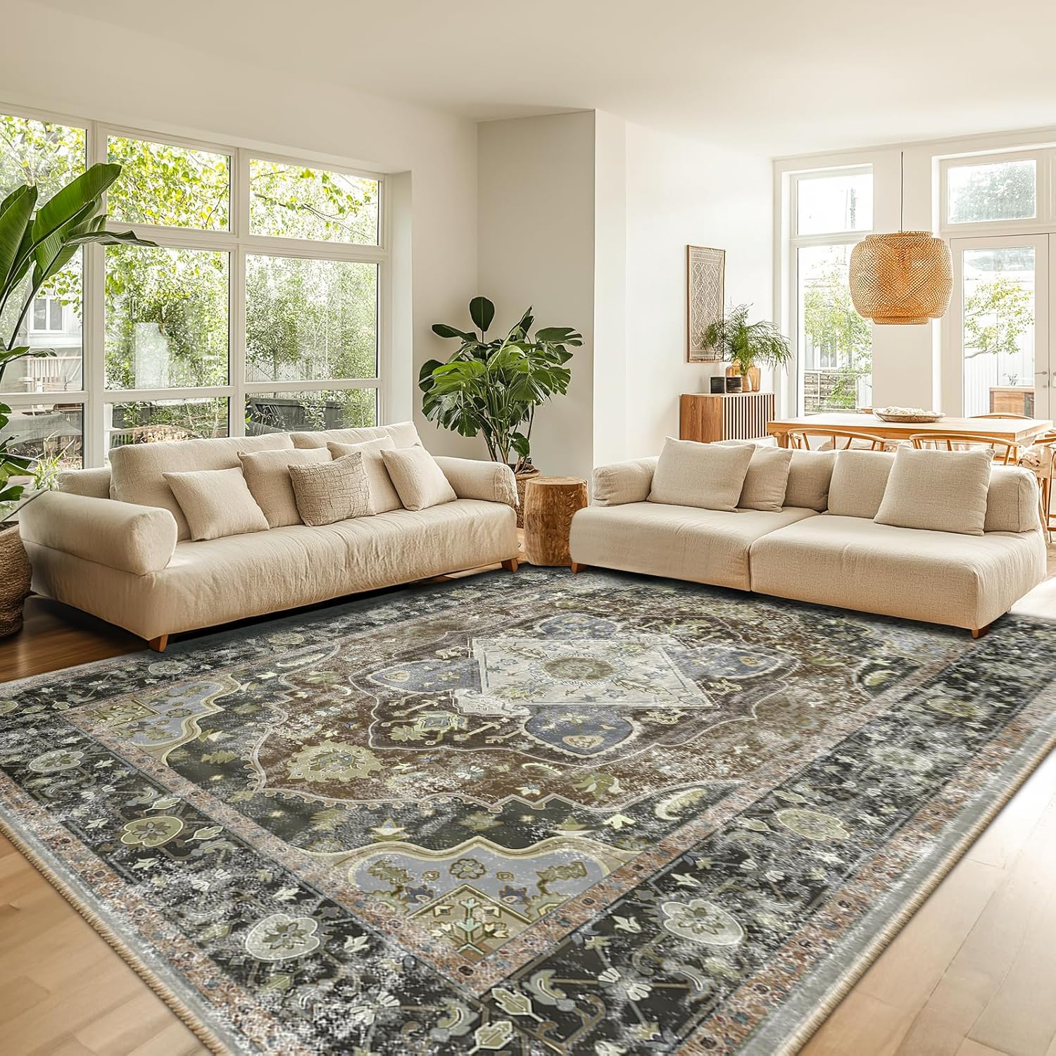 8x10 Area Rugs Machine Washable 8x10 Rug Low Pile Carpet No Shedding Area Rugs for Living Room Bedroom Dining Room Kitchen Entrance Indoor-Dark Green/Brown/Multi Dark Green/Brown/Blue/Multi 8x10