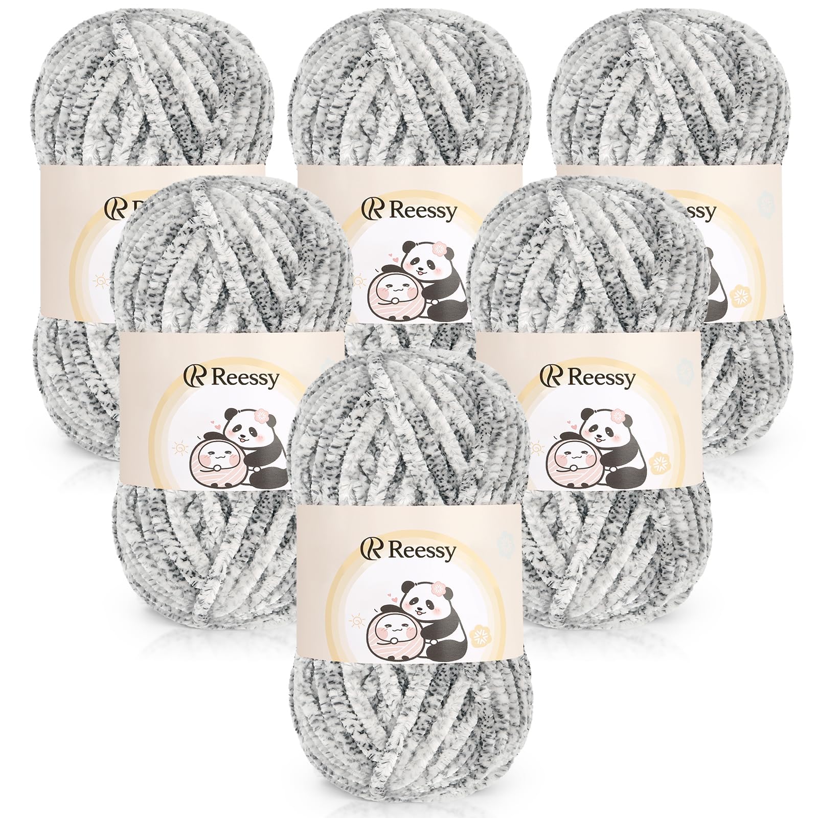 Reessy Chenille Yarn 600g(6×100g), Super Soft Fluffy Velvet Yarn Set, Thick Yarns Knitting Wool for Knitting and Crochet Amigurumi, Handbag, Blankets, DIY(White Grey)