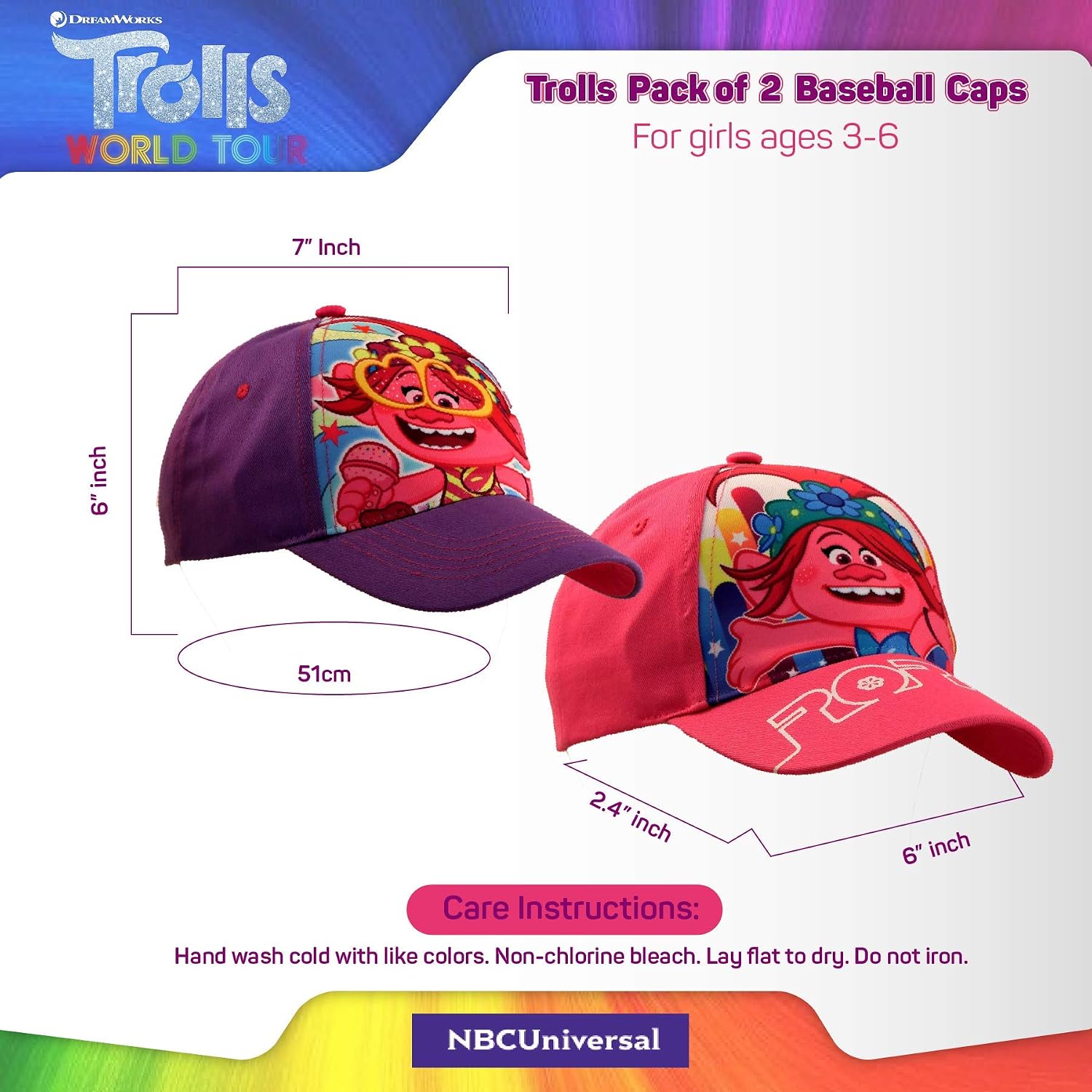 DreamWorks Trolls Poppy 2 Piece Design Girls Baseball Cap (Age 4-7)