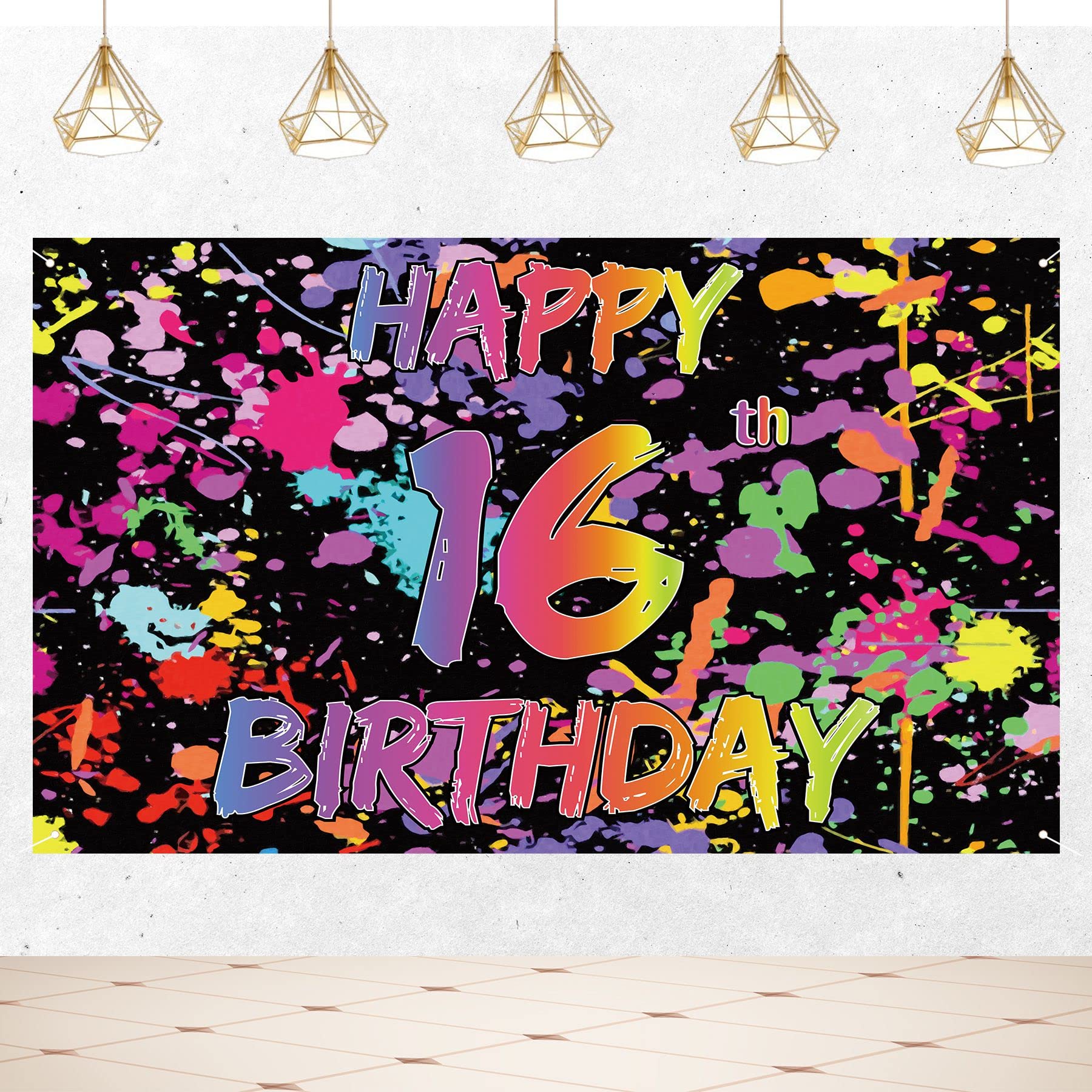 Joyiou Happy 16th Birthday Neno Glow in The Dark Backdrop Banner Sign Decorations for Girls Boys, Colorful Graffiti Splash Paint 16th Birthday Party