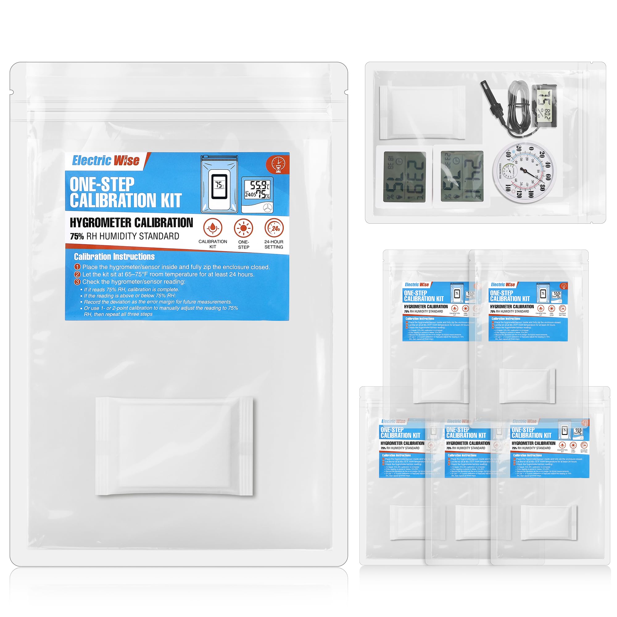Confezione da 6 kit di calibrazione di igrometro monofase da 30 cm con controllo dell'umidità del 75% RH, pacchetti di controllo dell'umidità per igrometri e sensori digitali e analogici