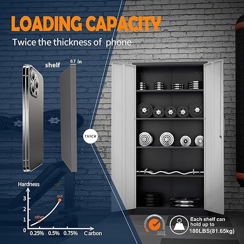 Miniatura 72 de Yizosh Armario de almacenamiento de metal para garaje con 2 puertas y 5 estantes ajustables, gabinete de archivo de acero con cerradura de 71 Negro