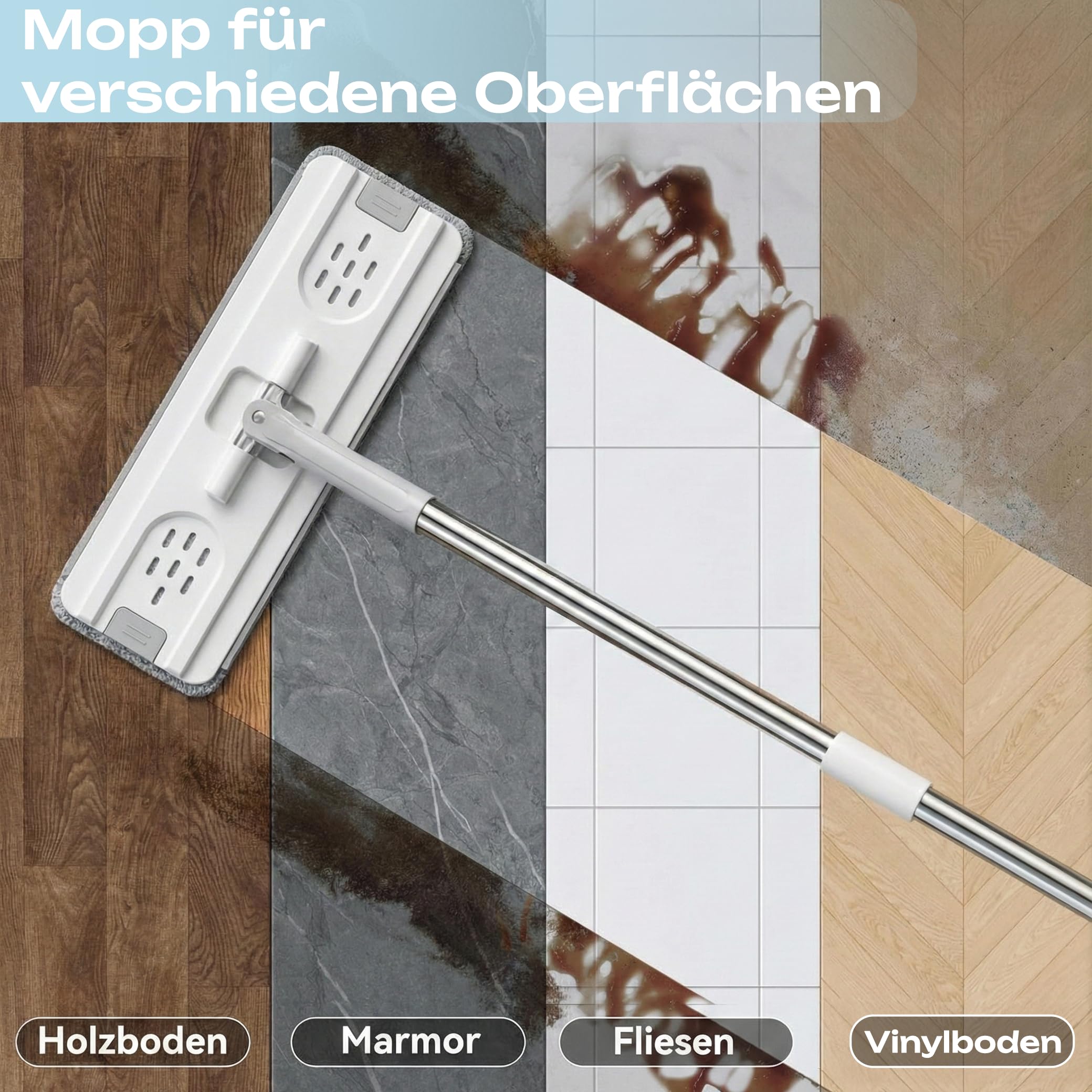 GiDeli Wischmopp und Eimer mit Auswringer-Set - Grau Flach Squeeze Mop Eimer Set für Bodenreinigung - Nass Trocken Mop für Wandreiniger mit langem Griff - Hartholz Bodenwischer mit 3 Mikrofasertüchern