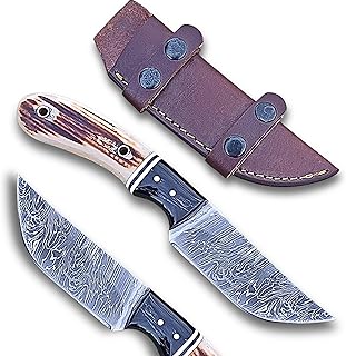 Damascus Hunting Knives, 4 Inch Edc Fixed Blade Knife for Skinning Bushcraft with Horizontal Carry Leather Sheath Stag Handle 3804 - JNR Traders