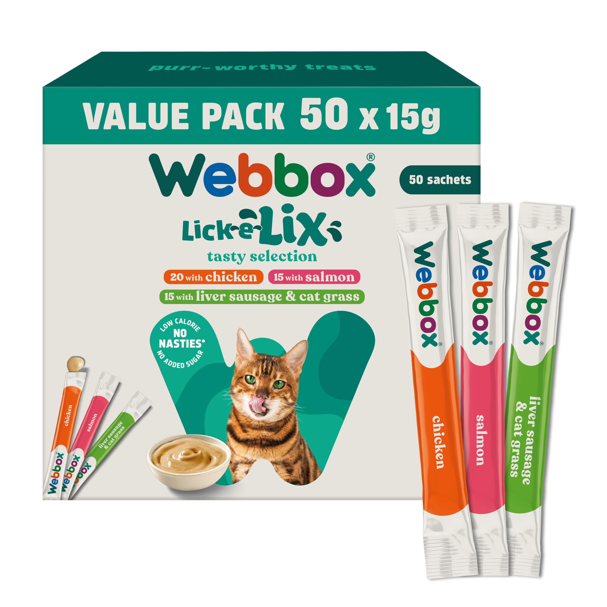 Webbox Lick-e-Lix Cat Treats Variety Value Pack - Kitten Friendly, Grain Free, No Artificial Preservatives or Colours (50 Pack)