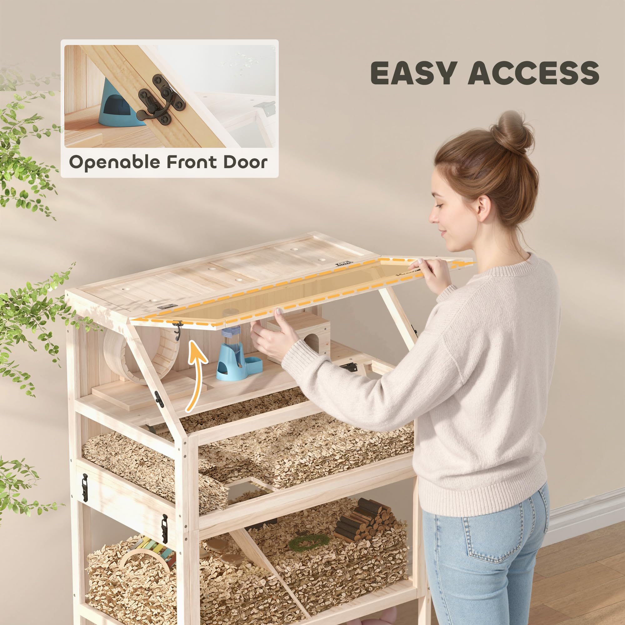 PawHut Hamsterkäfig aus Holz 3 Etagen 80 x 53 x 117 cm Nagerkäfig Kleintierkäfig mit abnehmbar Boden Ablage Laufrad Wippe Rampe Wasserflasche Hütte Mäusekäfig für Zwerghamster Naturholz