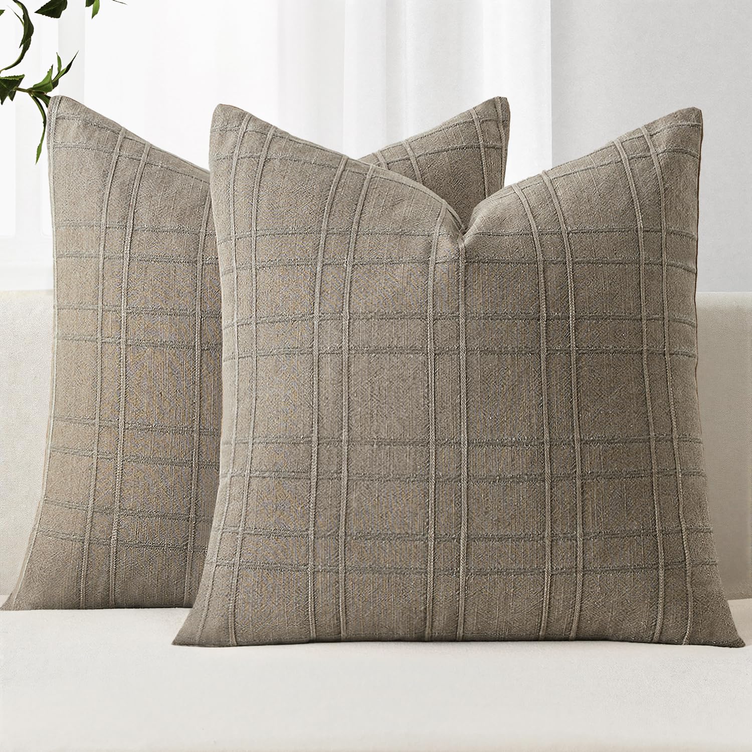 MIULEE Linen Plaid Pillow Covers Decorative 18x18 Tan Taupe