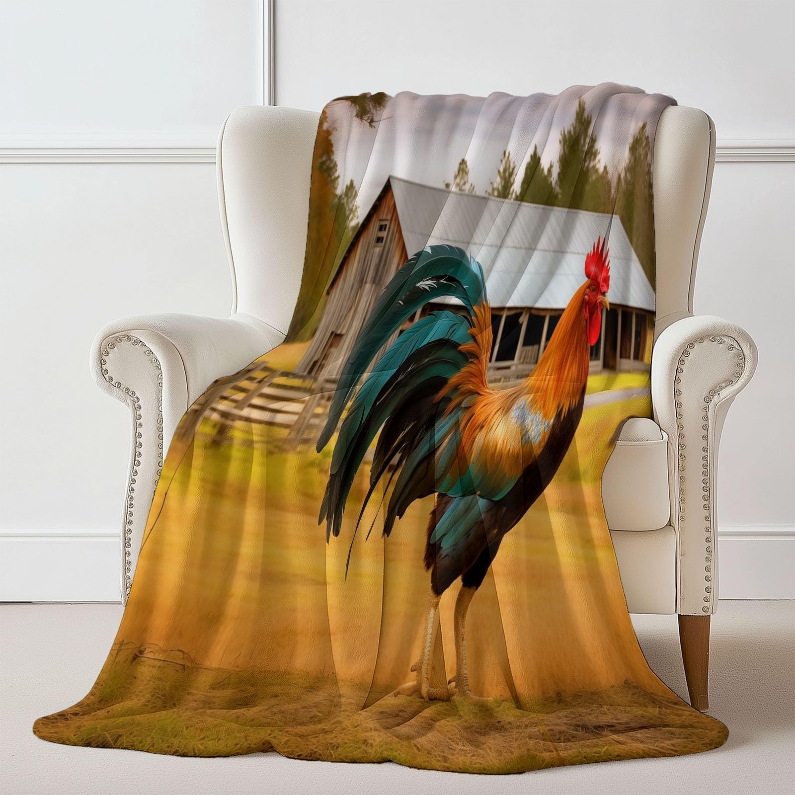 Koc polarowy 200 x 220 cm kogut farmski żółty flanelowy koc polarowy dla 2 osób, nadruk, miękki i ciepły na sofę łóżko